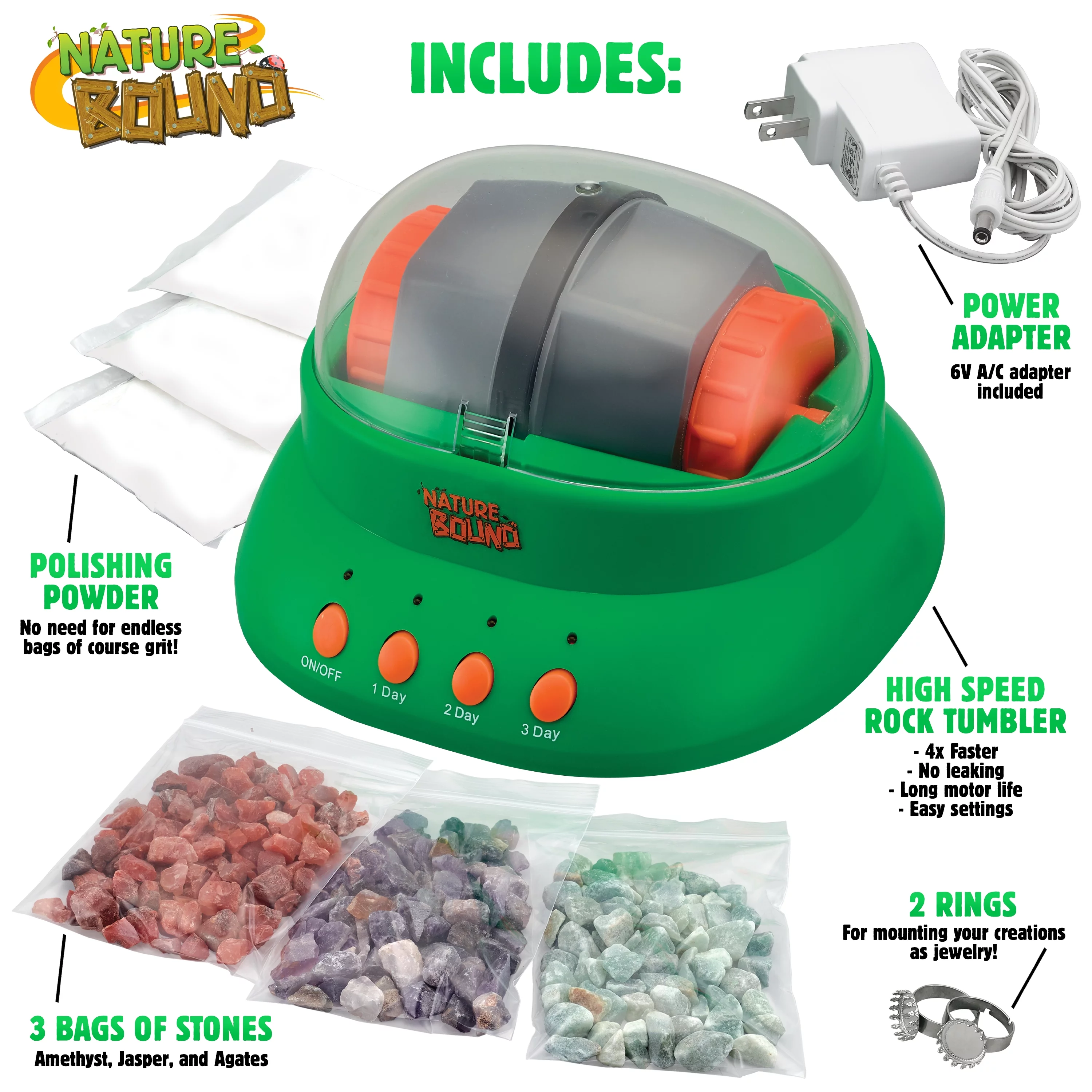 Nature Bound Fast Rock Tumbler Kit – Includes Rough Gemstones & Grit