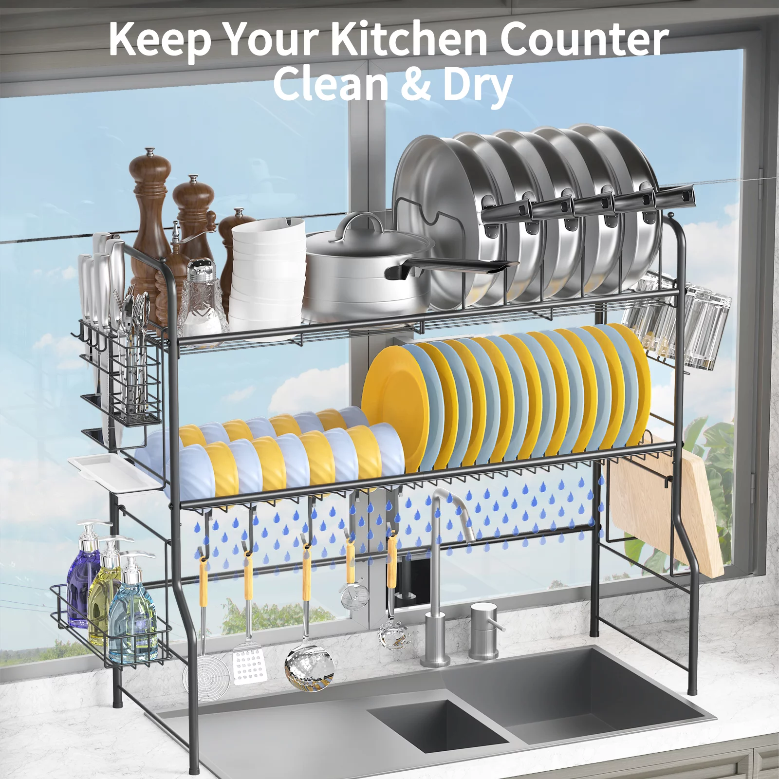 Over The Sink Dish Drying Rack, Auledio Stainless Steel 2 Tier Dish Rack Above Kitchen Sink Shelf Durable Dish Drainer, Black