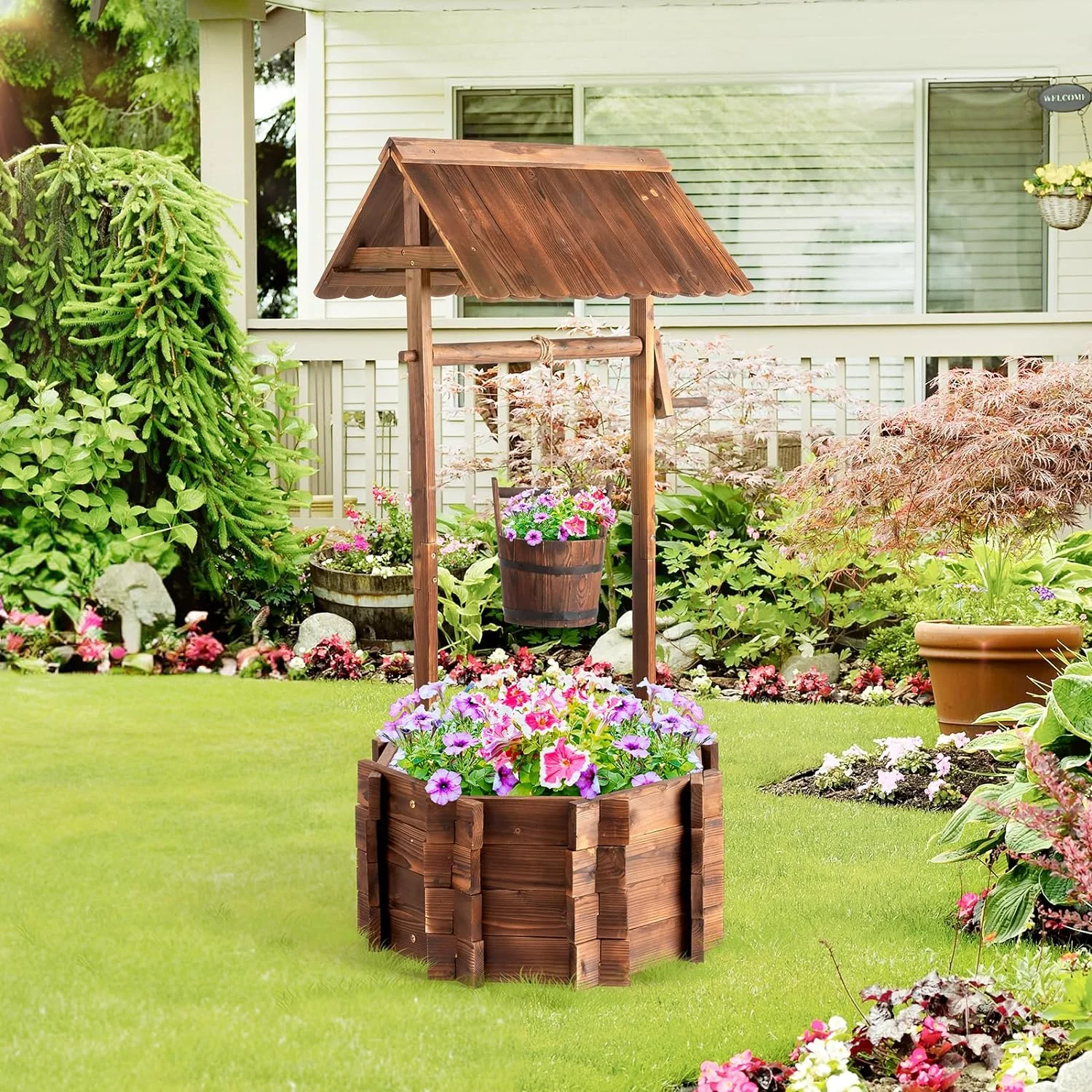 U-SHARE Wooden Wishing Well Outdoor Planters, Well Covers for Yard with 2 Reinforced Rods, Height Adjustable Hanging Bucket, Rustic Flower Pot Home Decor for Outside Patio Garden