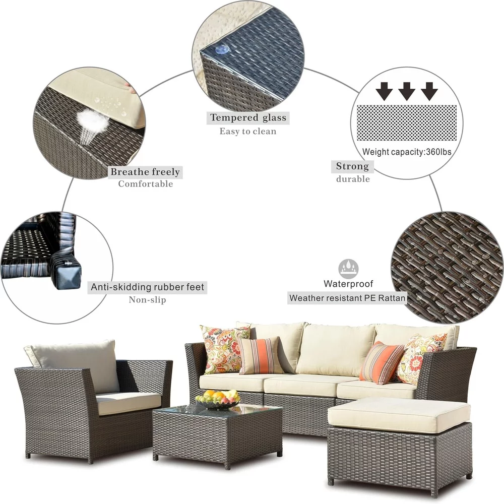 OVIOS  6-piece Patio Sectional Set with 2 Throw Pillows Blue