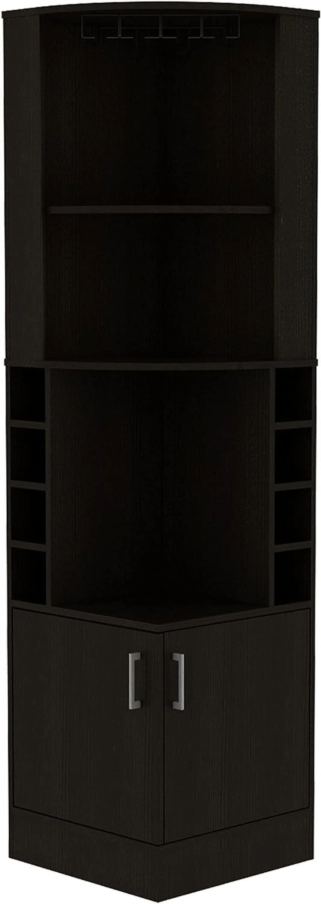 Egina Corner Bar Cabinet With 2 Open Shelves, 2 Doors, 8 Wine Cubbies, And Glass Rack, Black