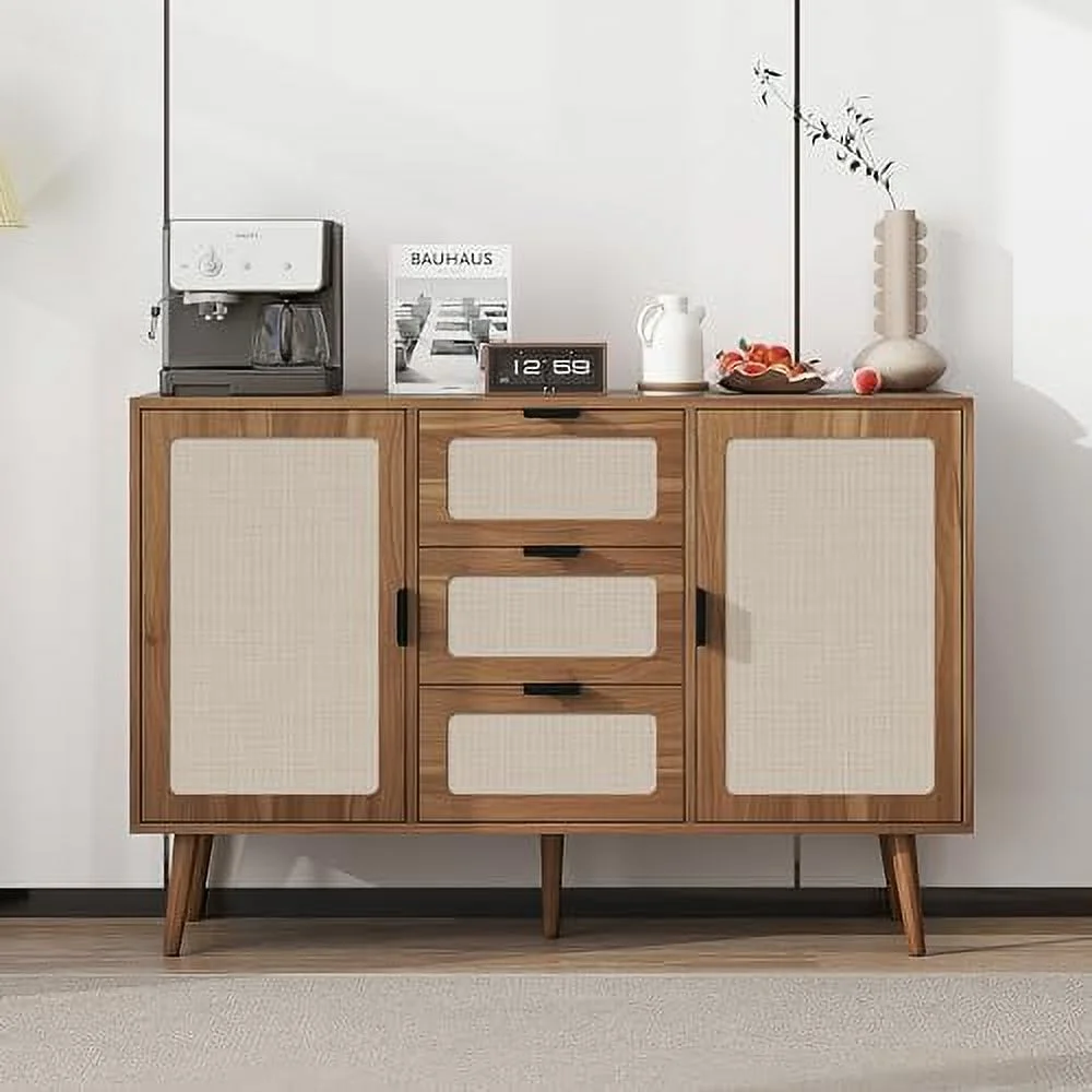 xrboomlife Rattan Dresser for Bedroom 5 Drawer Dresser Chest of Drawers  Wood Dresser Dresser Bedroom  (Walnut  5 Drawer Dresser)