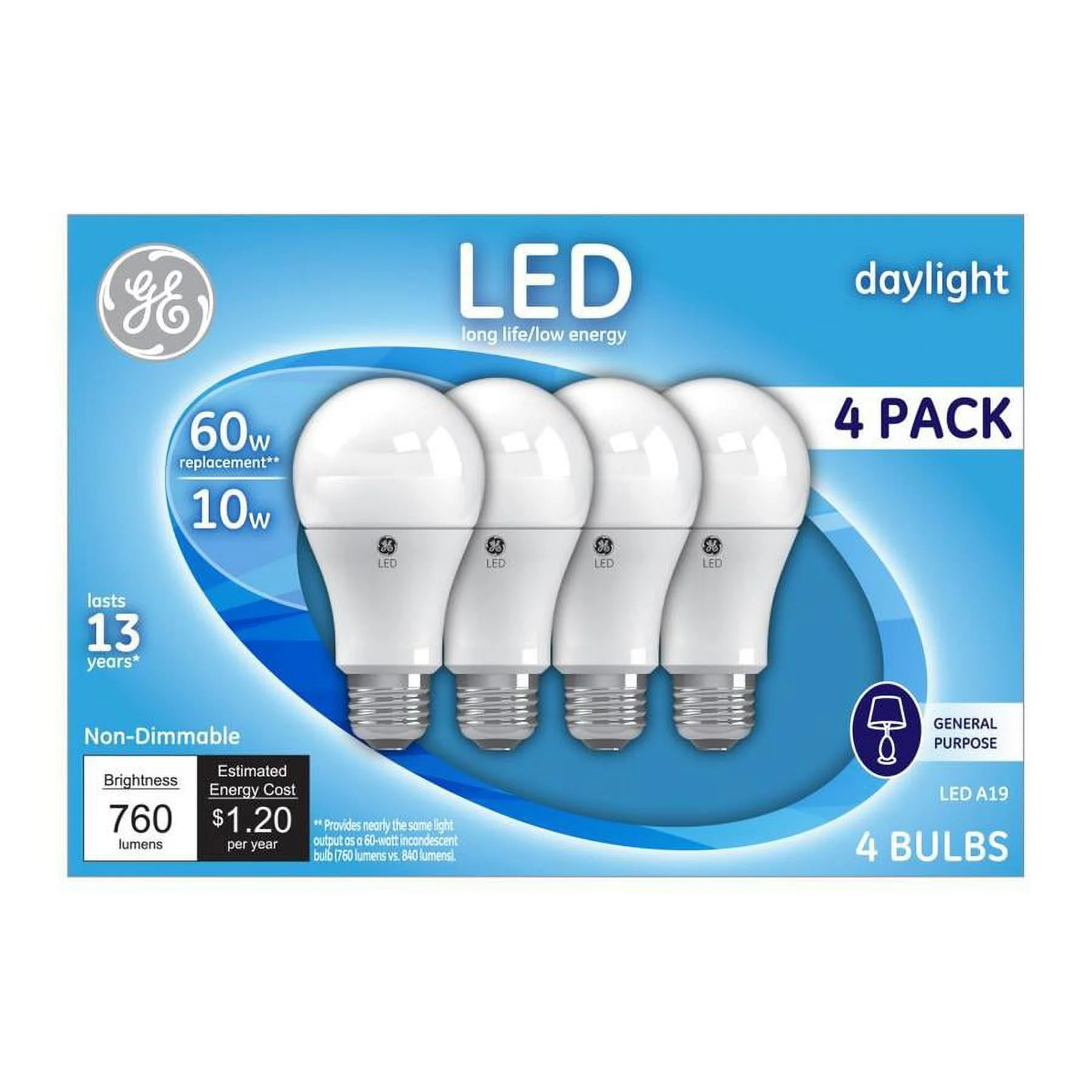GE 4-Pack 60 W Equivalent Daylight A19 LED Light Fixture Light Bulb