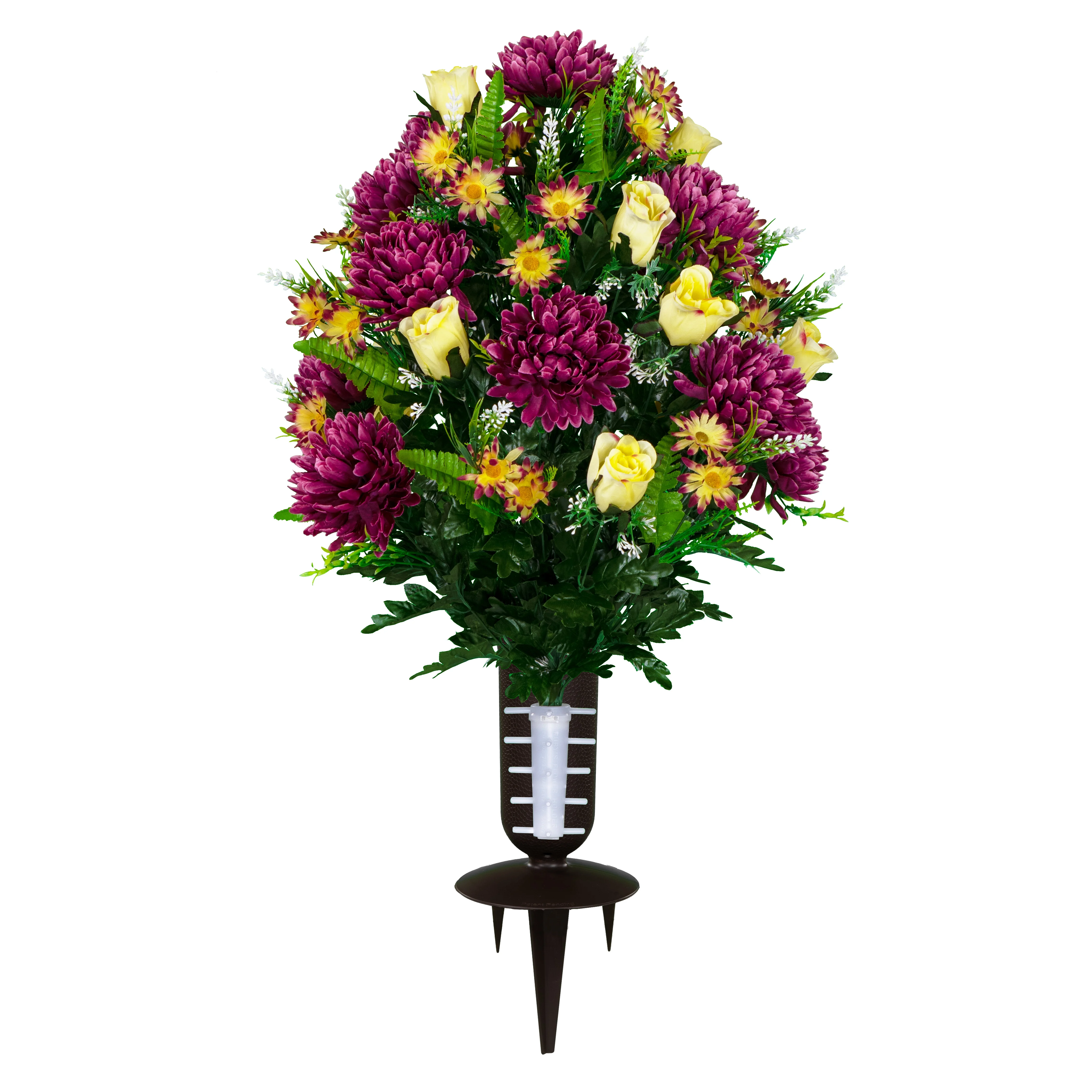 Sympathy Silks Artificial Cemetery Flowers Plum Mums and Cream Roses Bouquet with Vase