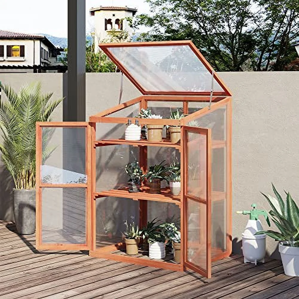 Outsunny Wooden Cold Frame Small Mini Greenhouse Cabinet for Outdoor and Indoor, 30