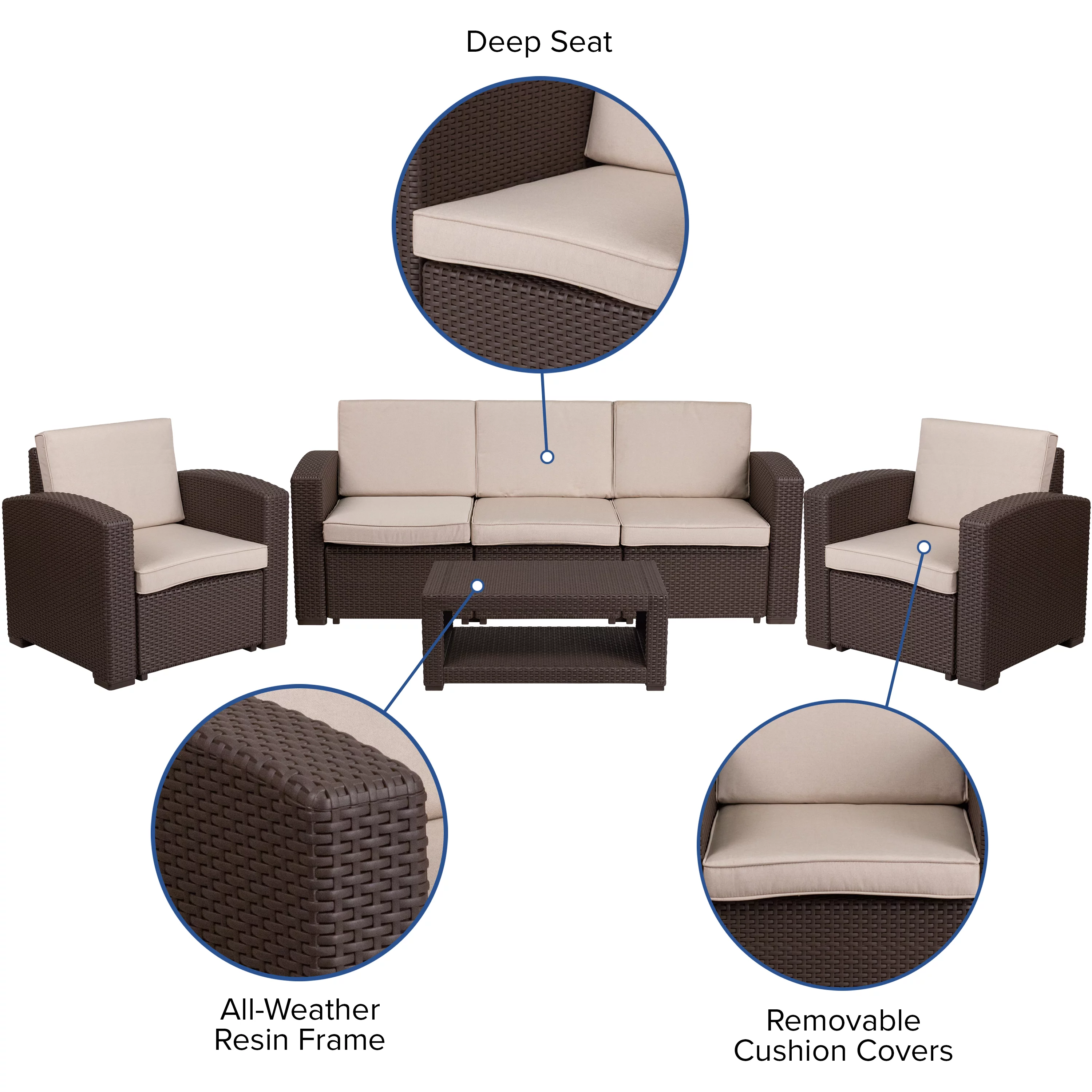 Merrick Lane 4 Piece Chocolate Brown Faux Rattan Patio Furniture Set with 2 Chairs and Sofa with Removable Beige Cushions and Table