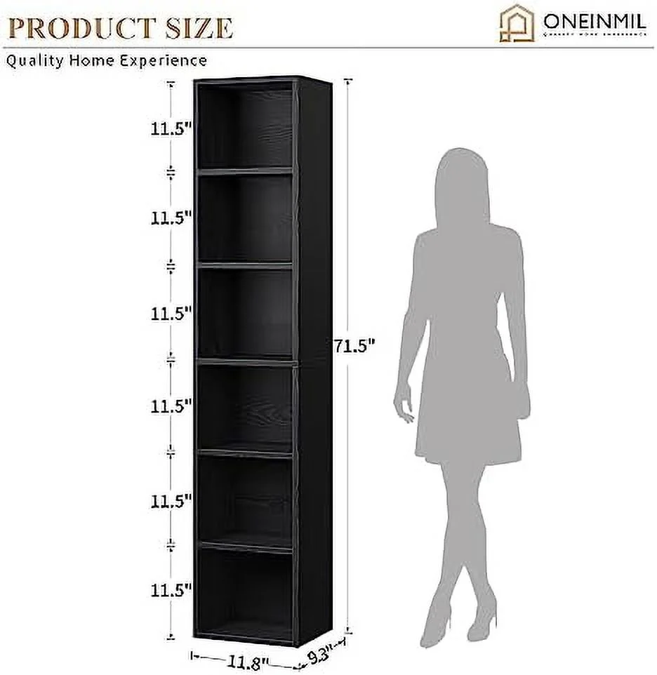 oneinmil Tall Narrow Bookshelf, 6-Tier Cube Display Rack, Modern Corner Bookshelf with Storage Space, Storage Cabinet for Home Office,Black