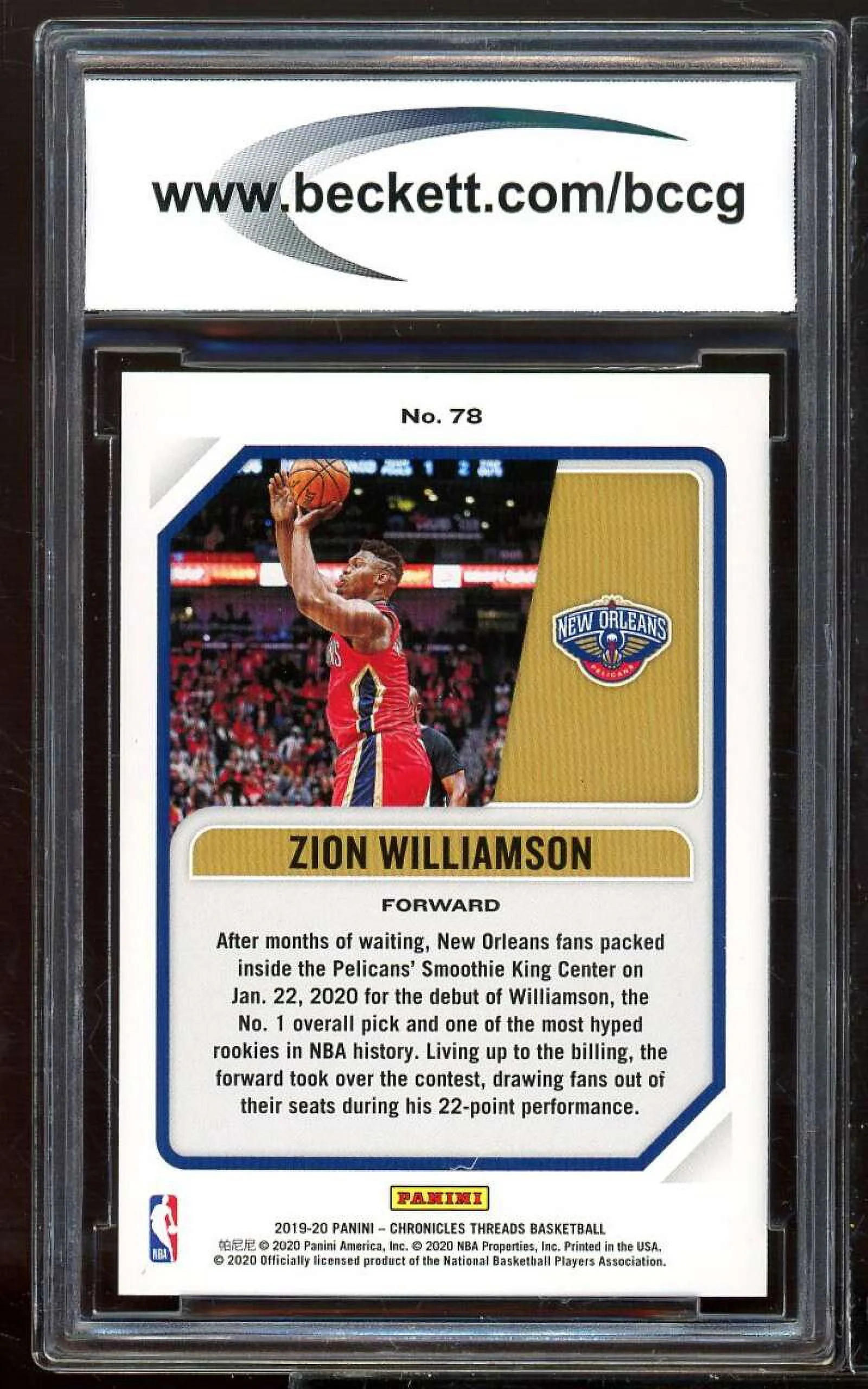 2019-20 Panini Chronicles Threads #78 Zion Williamson Rookie Card BCCG 10 Mint+