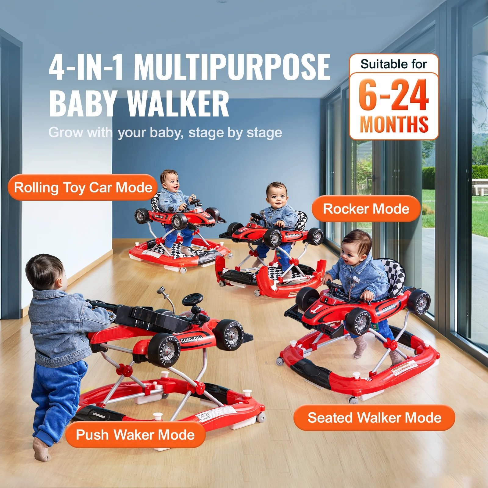 SKYSHALO Baby Walker 4 in 1, Foldable Height Adjustable Baby Walker with Wheels, Infant Toddler Walker with Foot Pads, Anti-Fall Baby Walker With Steering Wheel for Boys and Girls 6-24 Months