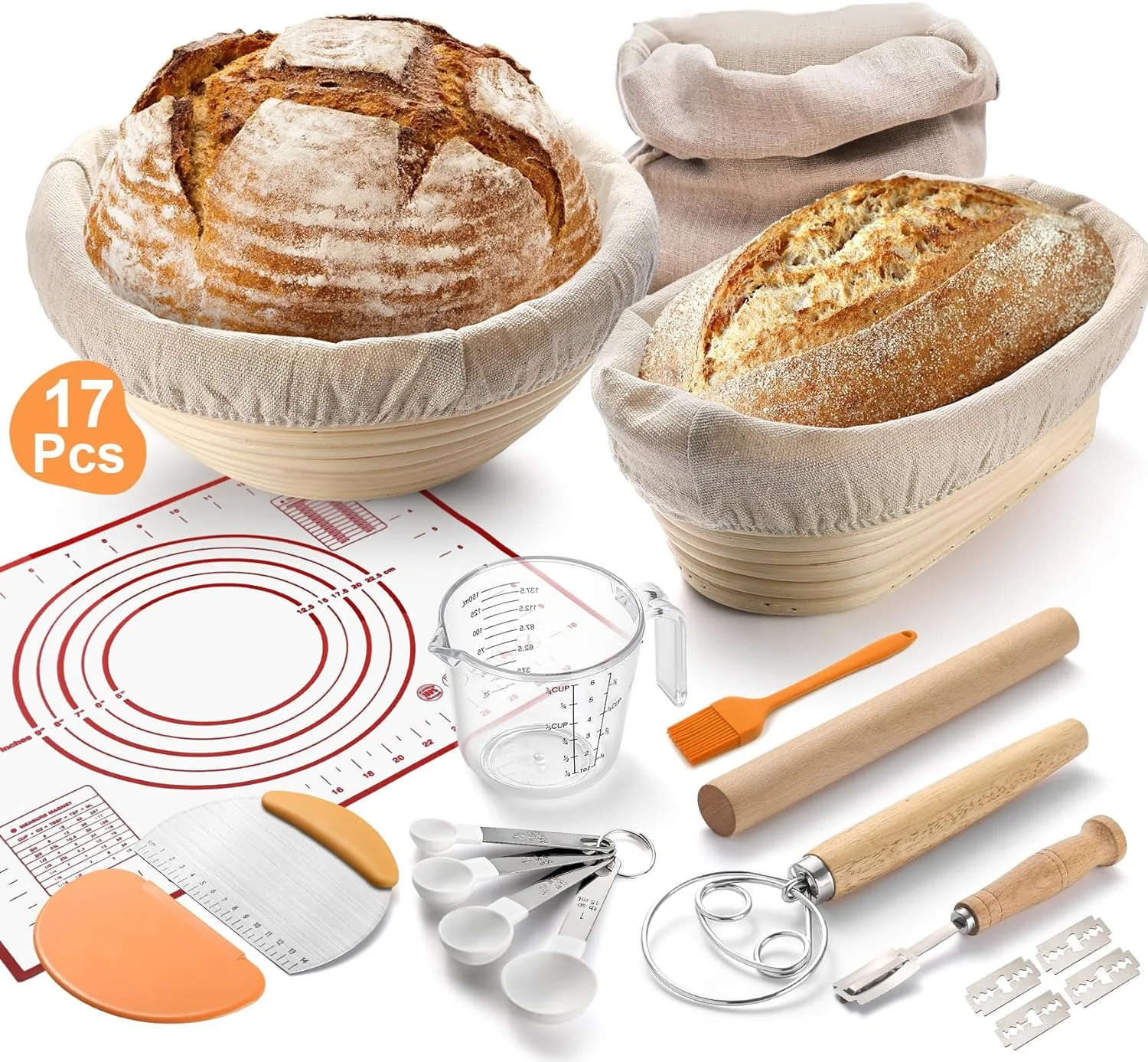 Bread Proofing Basket, Bread Making Kit 17Pcs, Sourdough Bread Baking Supplies, Proofing Bowls for Sourdough Bread, Sourdough Starter Kit, 10 inch Oval & 9 inch Round Basket