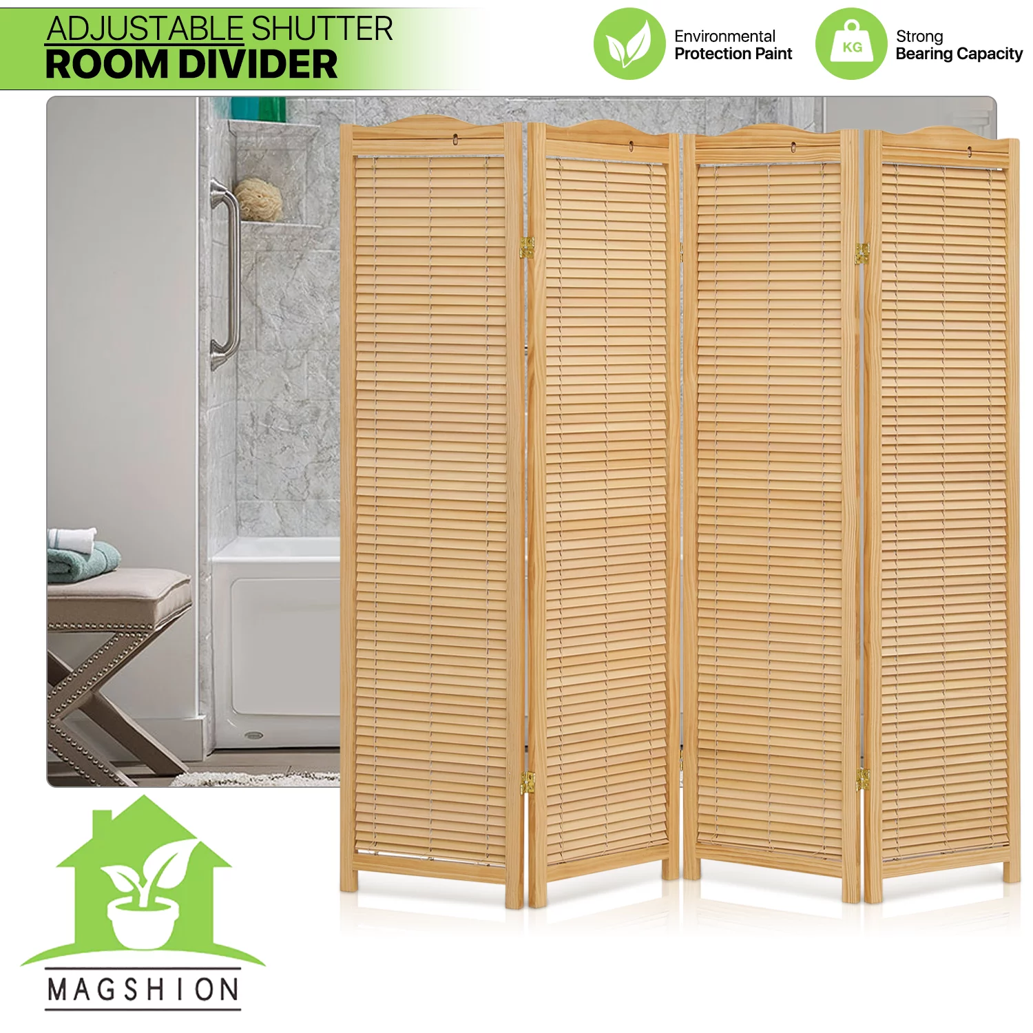 Magshion 5.7 ft Foldable Room Divider, 4 Panel Adjustable Shutter, Wood Portable Privacy Screen for Dining Room, Natural