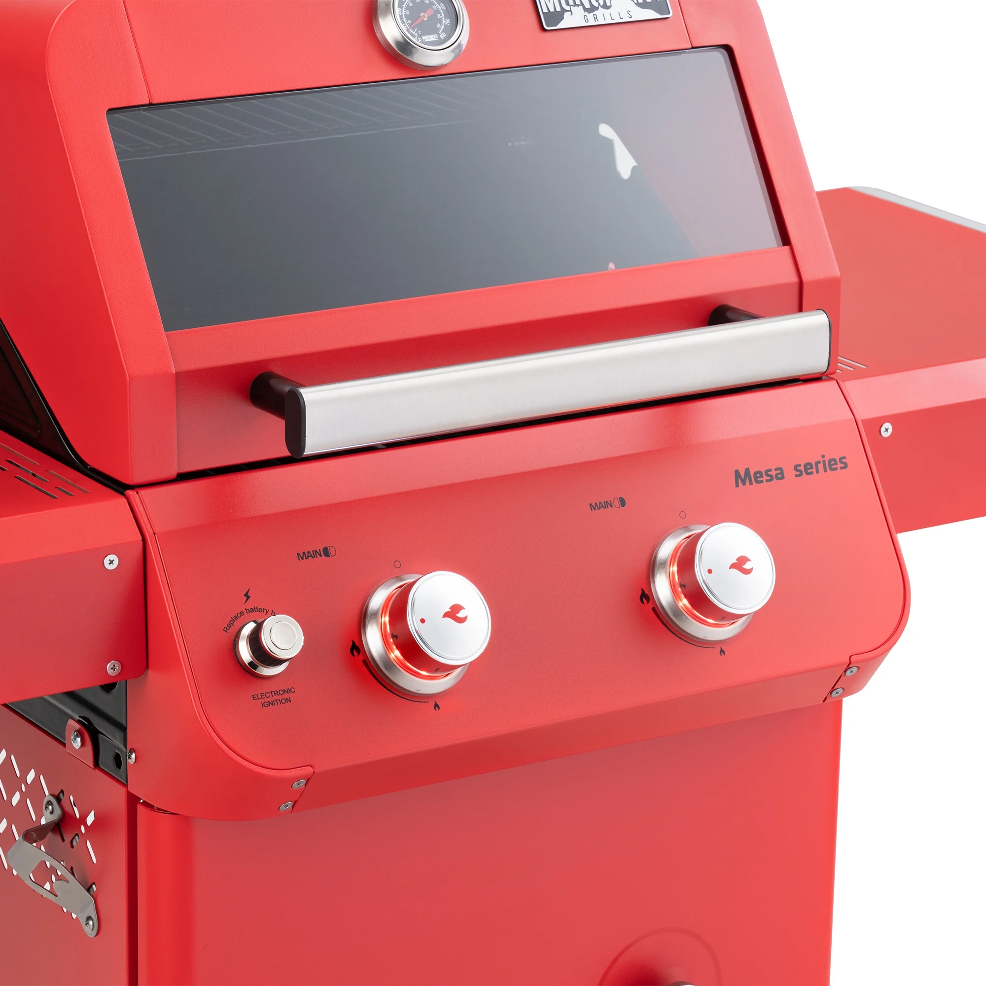 Mesa 2-Burner Propane Gas Grill in Red with Clear View Lid and LED Controls