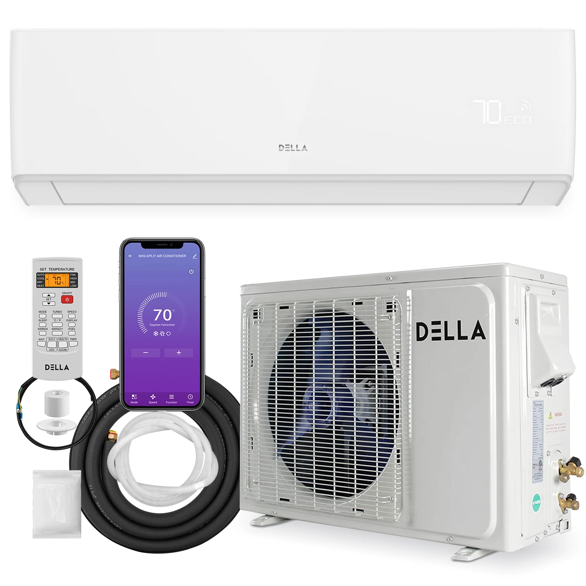 DELLA 24000 BTU Wifi Enabled Mini Split Air Conditioner & Heater Ductless Pre-Charged Inverter System, 21 SEER 208-230V Energy Efficient Unit with 2 Ton Heat Pump, Full Installation Kit (HA Series)