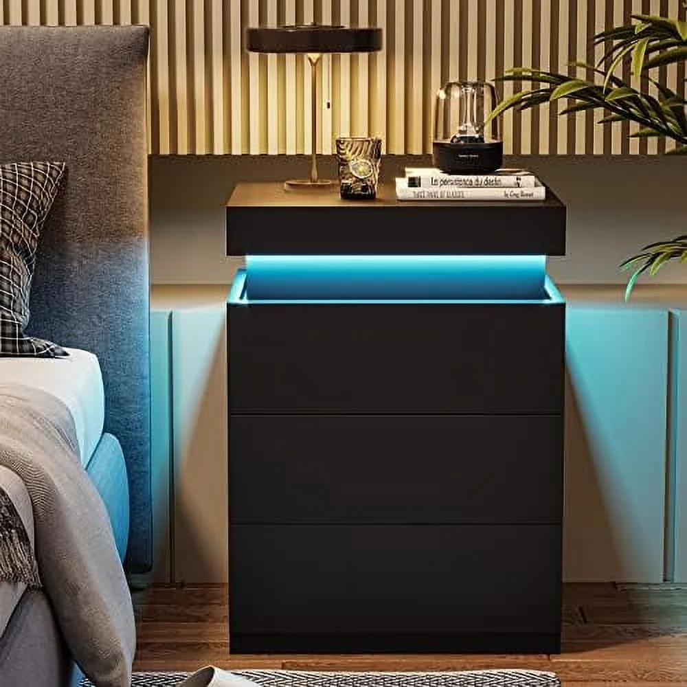 TJCGDTY Nightstand with Charging Station and LED Lights Night Stand with Sliding Top Bedside Table with Drawers Modern End  for Bedroom Black