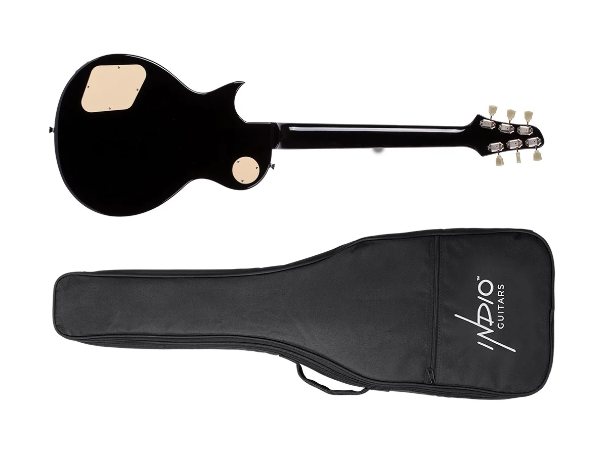 Monoprice 66SB DLX Plus Mahogany Electric Guitar with Gig Bag, Black, 6 Strings, Single‑Cutaway Solid Body - Indio Series