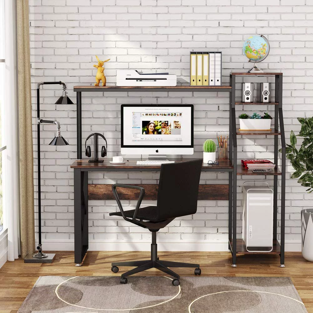 Tribesigns Computer Desk with 4-Tier Storage Shelves, 60 inch Large Office Desk Computer Table Studying Writing Desk Workstation with Hutch, Bookshelf and Tower Storage for Home Office(Rustic Brown)
