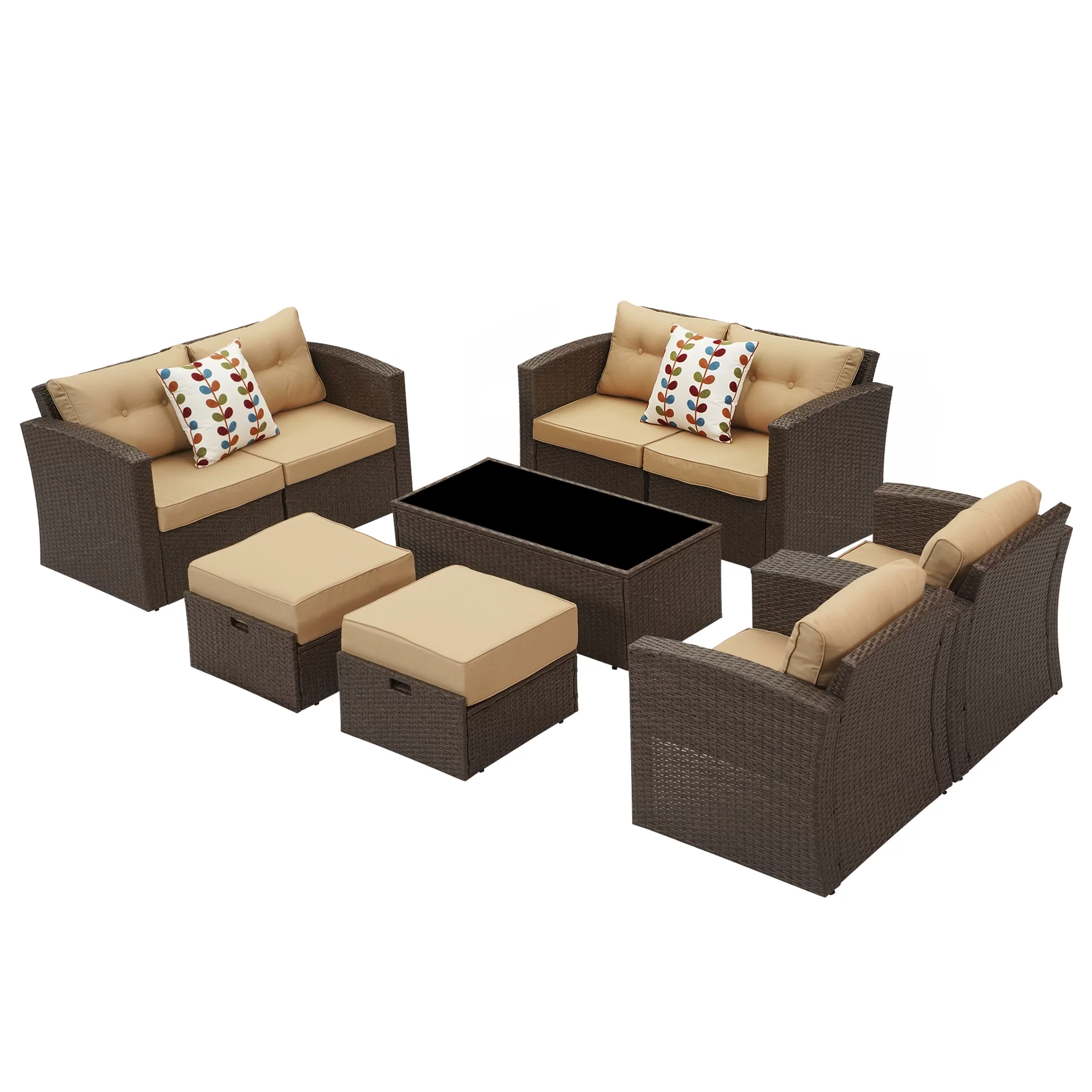 Royalcraft Outdoor Patio Furniture,9 Pieces All-Weather Patio Conversation Set Wicker Sectional Sofa with Non-slip Cushions,Aluminum Frame,Brown