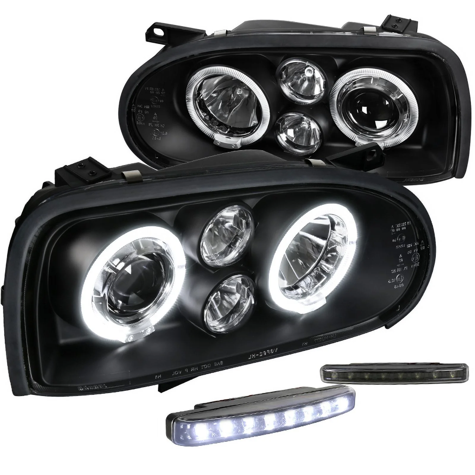 Spec-D Tuning Halo Black Projector Headlights + 8-LED Front Bumper Fog Lamp Compatible with Volkswagen Cabrio Left + Right Pair Headlamps Assembly