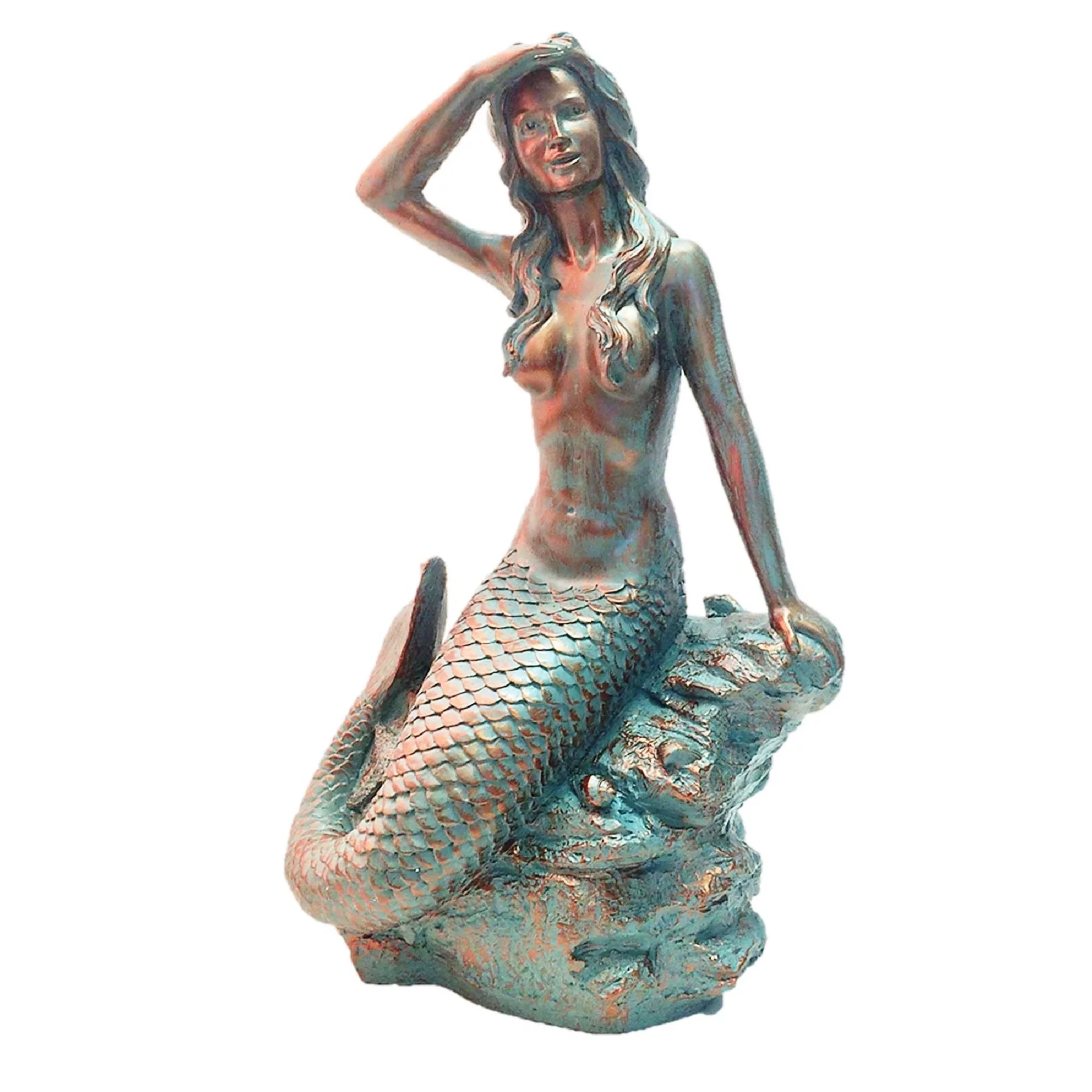 Homestyles 22 in. Bronze Patina Classic Mermaid Sitting on Coastal Rock Looking Out to Sea Beach Nautical Extra Large Statue