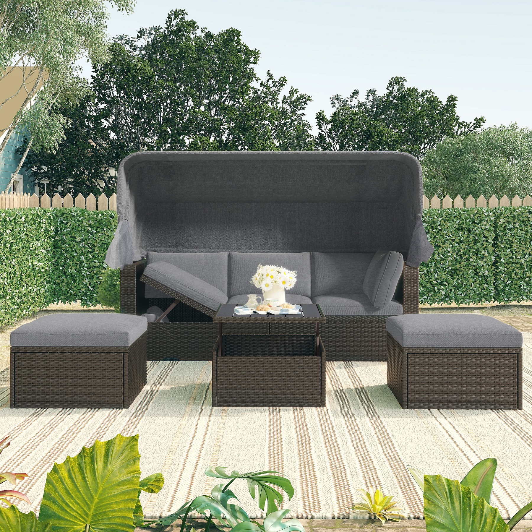 Outdoor Patio Rectangle Daybed with Retractable Canopy,  Wicker Furniture Sectional Seating with Washable Cushions, Backyard, Porch(As same as WY000263AAE)