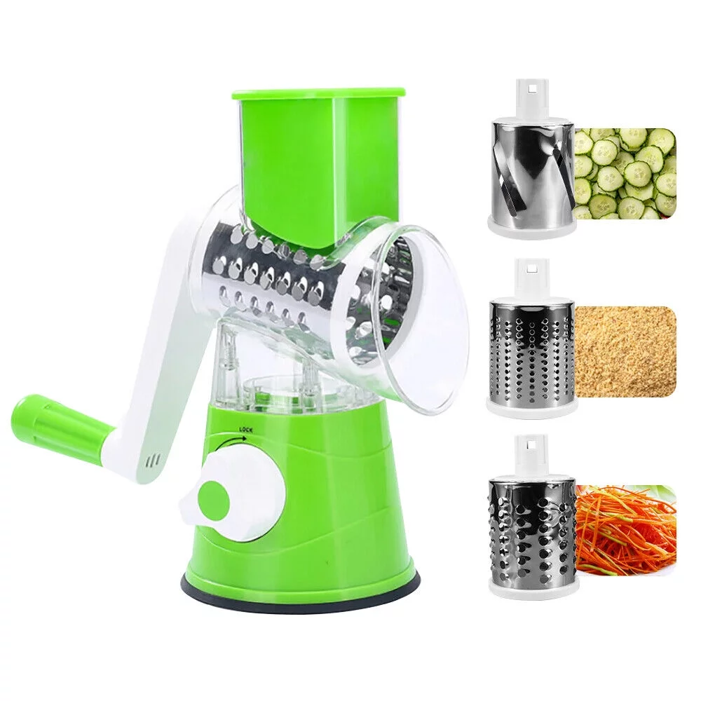 JahyShow Manual Rotary Potato Grater Kitchen Mandoline Vegetable Slicer，with 3 stainless steel vegetable cutting tubes，Easy to use (Green)