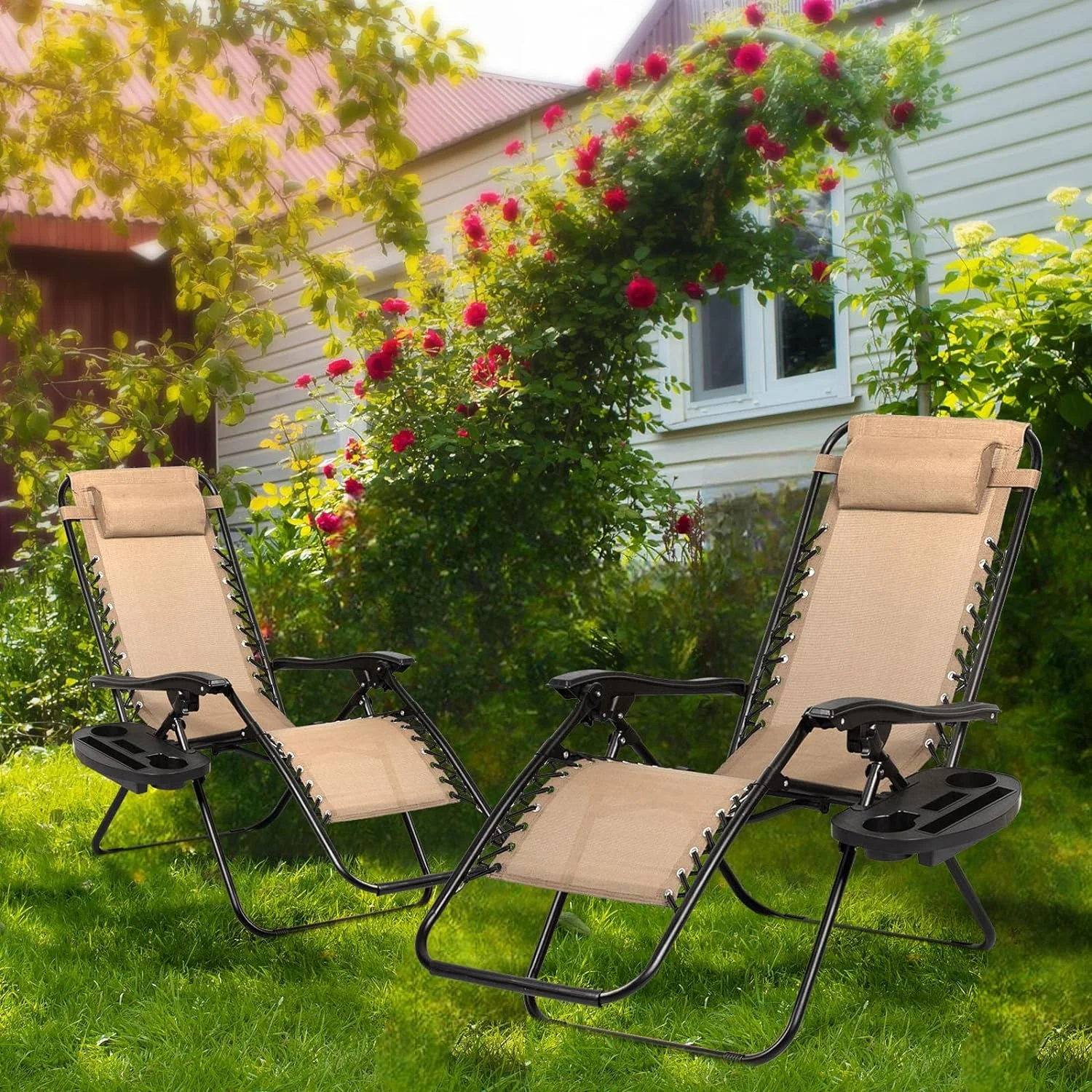Set of 2 Relaxing Recliners Patio Chairs Adjustable Steel Mesh Zero Gravity Lounge Chair Beach Chairs with Pillow and Cup Holder Khaki (Kahki)