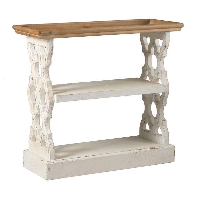 French Country Console Table with Distressed White and Natural Wood Shelf  35.5” x 14” x 32” Dimensions