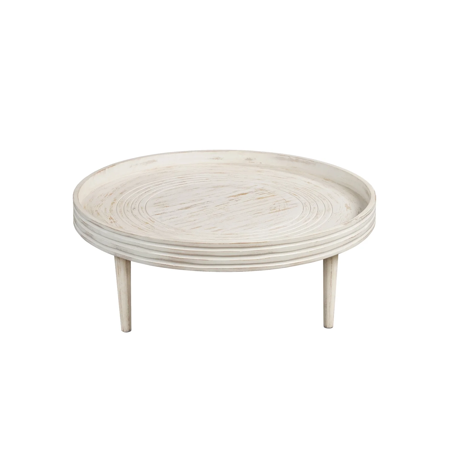 The Urban Port  33 in. Solid Mango Wood Coffee Table with Handcrafted Round Grooved Raised Edge, Distressed White
