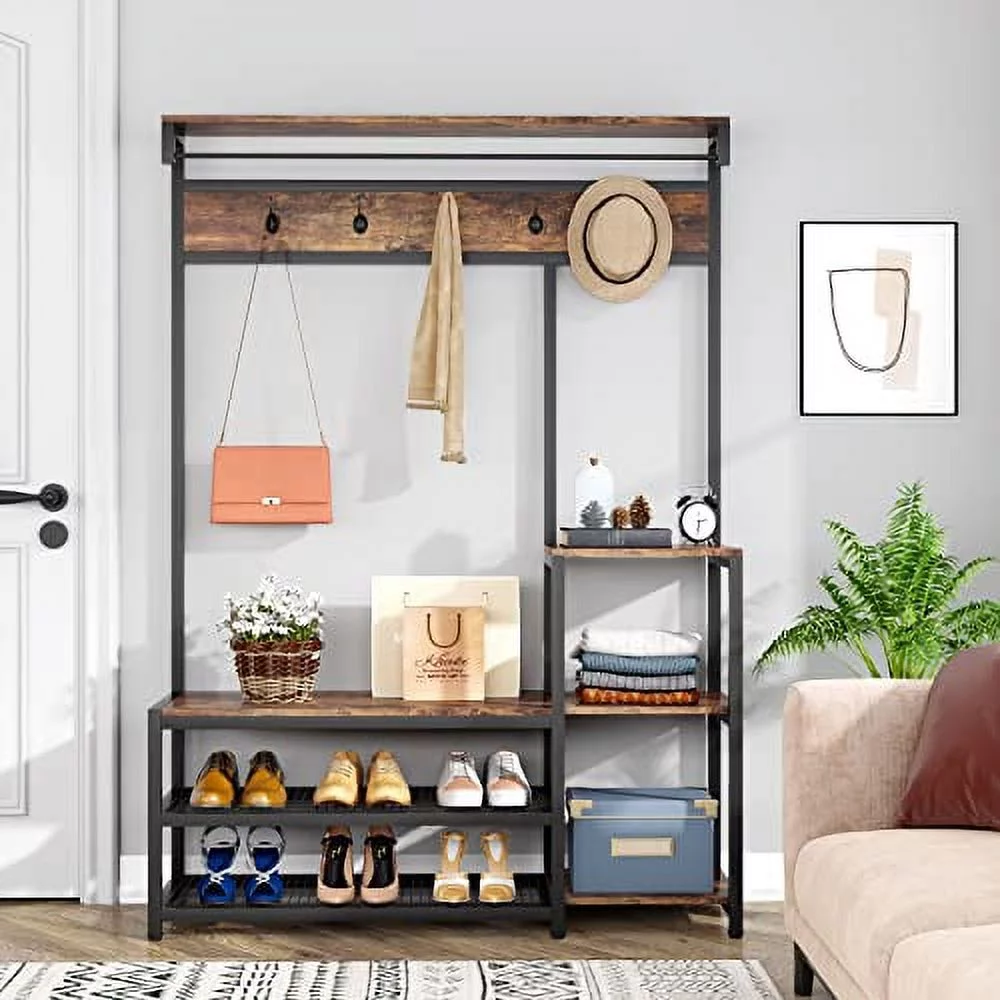 Entryway Hall Tree with Shoe Bench, 3 in 1 Coat Rack with Storage Shelves and 5 Hooks