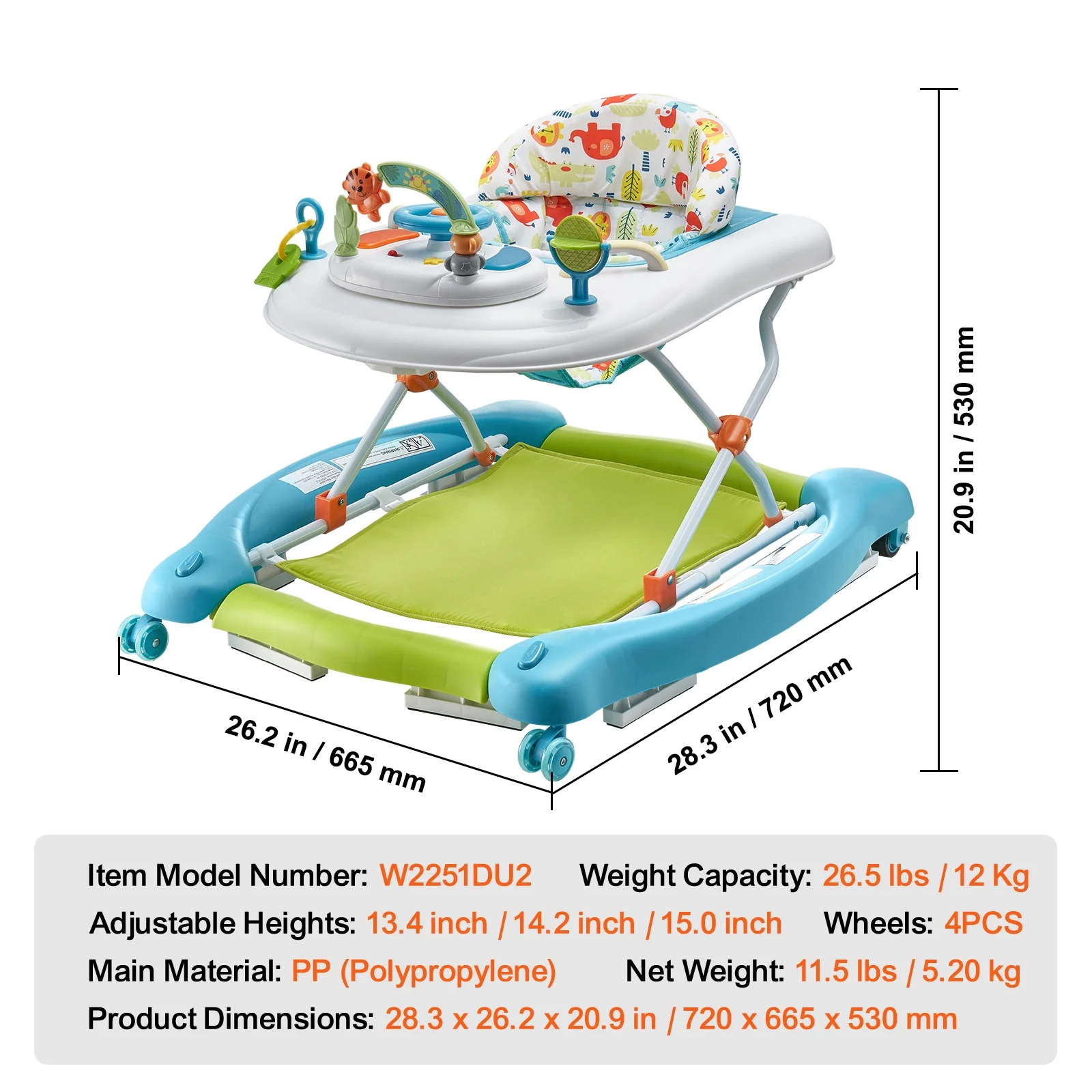 SKYSHALO Baby Walker 4 in 1, Foldable Height Adjustable Baby Walker with Wheels, Infant Toddler Walker with Foot Pads, Anti-Fall Baby Walker With Music & Toys Tray for Boys and Girls 6-24 Months