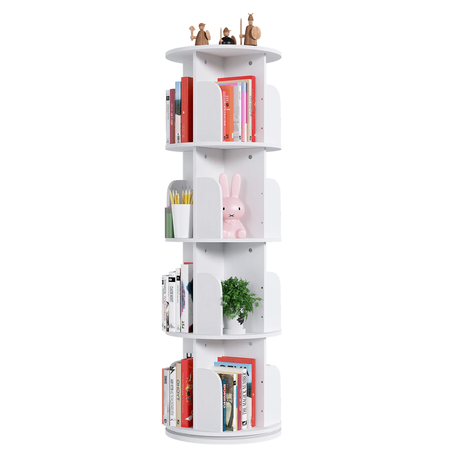 4 Tier Rotating Bookshelf Organizer - Space Saving Vertical Storage Rack with 360° Swivel, Stable Construction - Ideal for Home, Office, Study - White