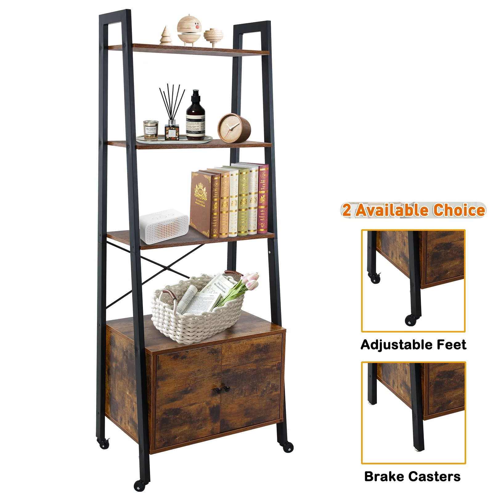 Fionafurn 3-Tier Ladder Bookshelf with Cabinet and 2 Available Feet, Storage Rack Shelves Brown and Black