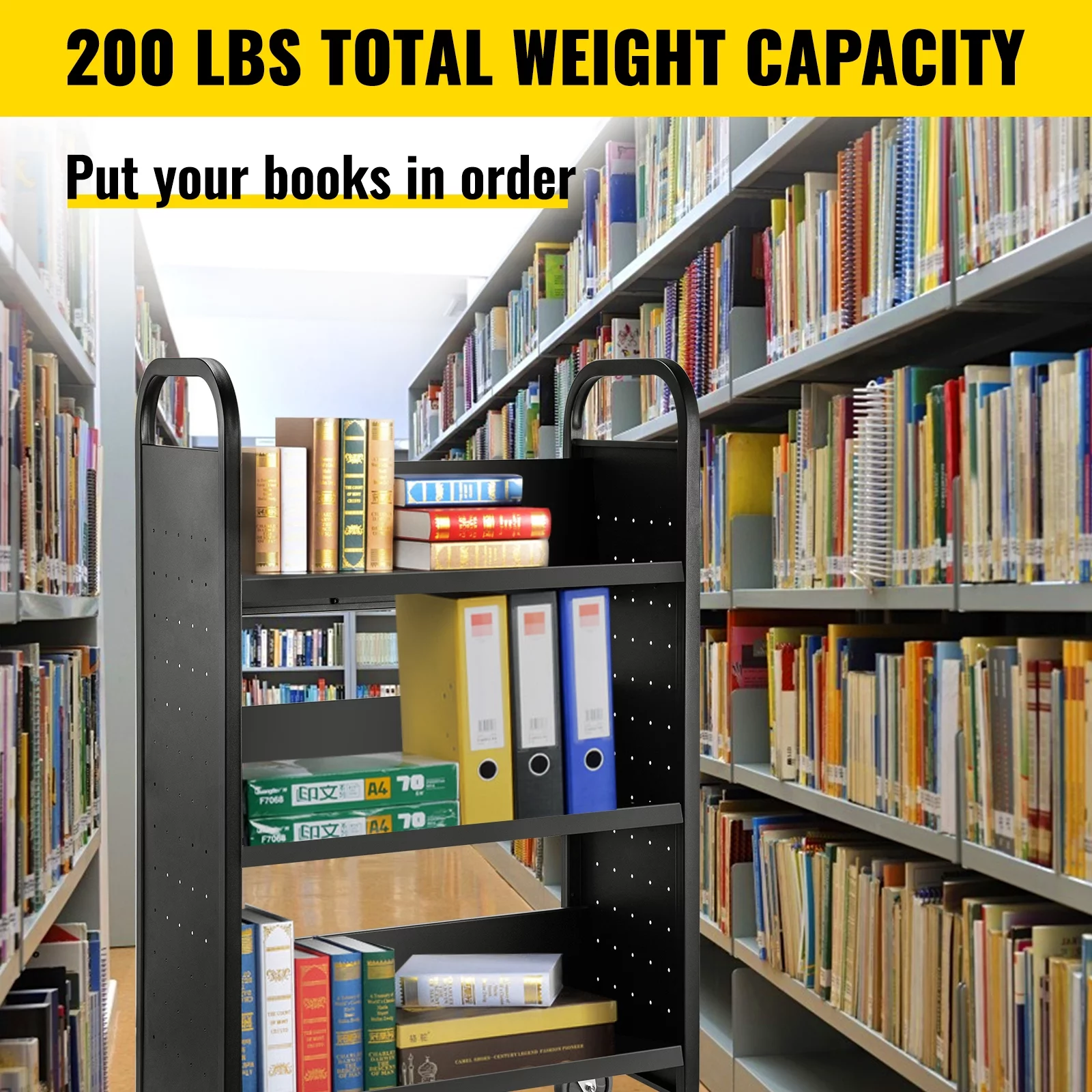 BENTISM Book Cart Library Cart 200lb with Single Sided V-Shaped Sloped Shelves in Black