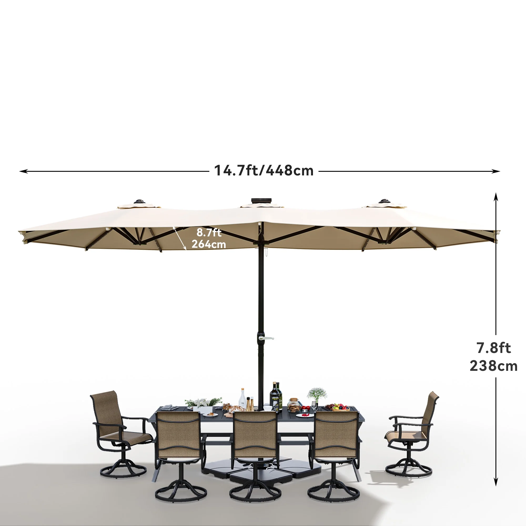 Dextrus 15FT Double-Sided Patio Umbrella with 48 LED Lights, Large Outdoor Market Table Umbrella w/Solar Lights, Khaki