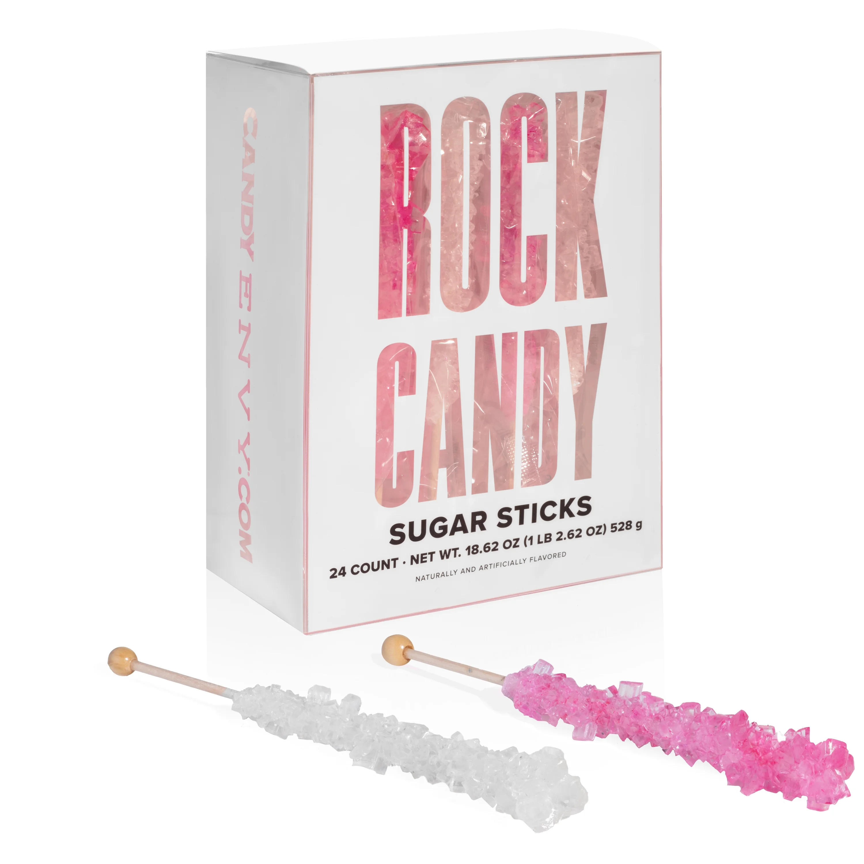 Candy Envy Light Pink & White Rock Candy Sugar Sticks, 24 Count, Indiv. Wrapped