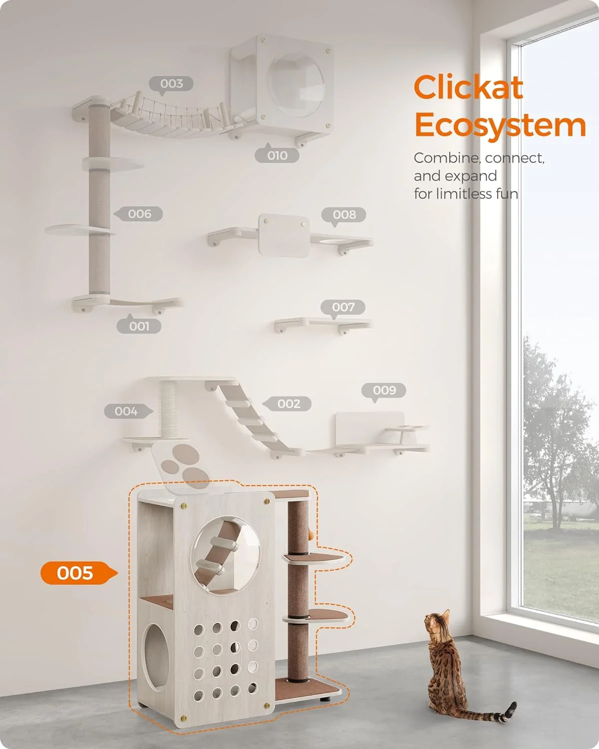 Feandrea Clickat Collection - No.005 Cat Tree Quick Assembly Replaceable Parts Modern Cat Tower with 4.1-Inch Dia. Thick Scratching Post Cat Cave 3 Perches Soft Ladder Cat Condo for Indoor Cats