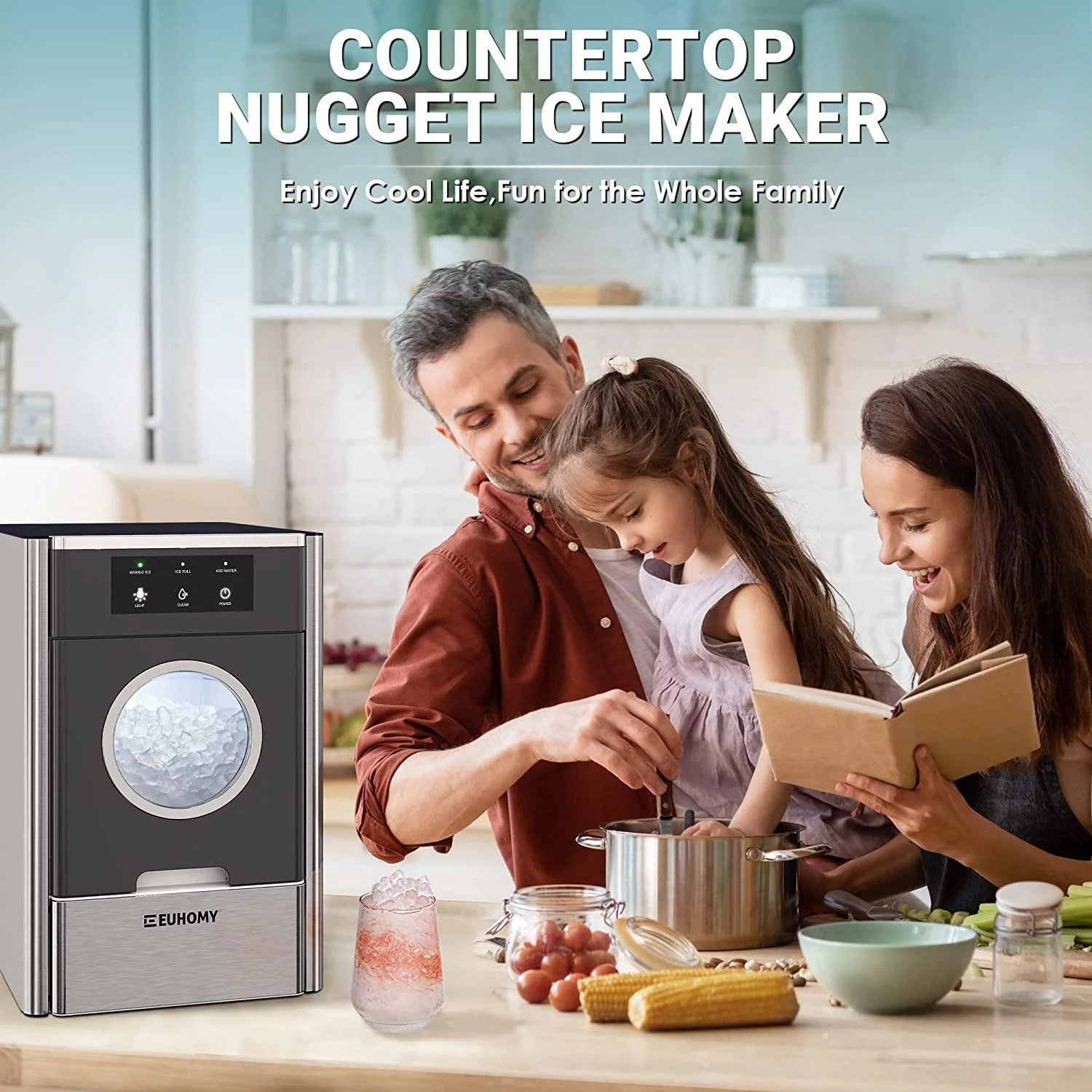 Euhomy 33lbs/24H Countertop Nugget Ice Maker, Soft Nugget Ice, 2 Ways Water Refill & Self-Cleaning Pebble Ice Maker