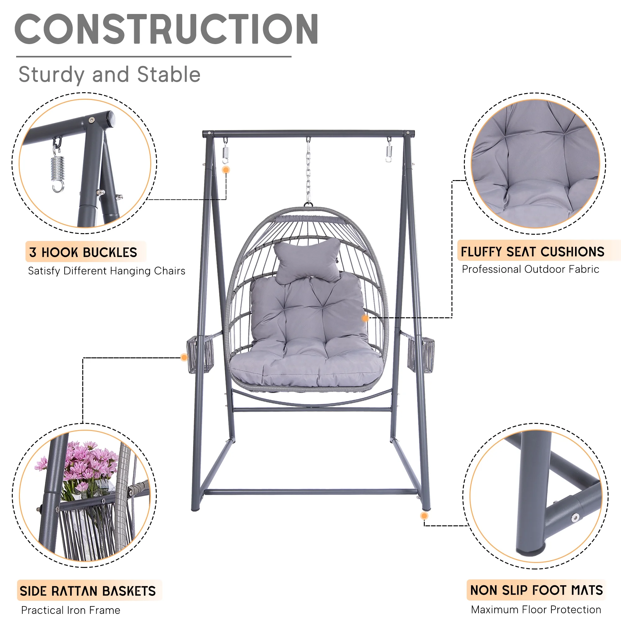 Swing Egg Wicker Chair and Reinforced Solid Structure Hammock Stand with 2 Storage Baskets and 3 Hooks for Indoor Outdoor Patio Garden Balcony (Grey)