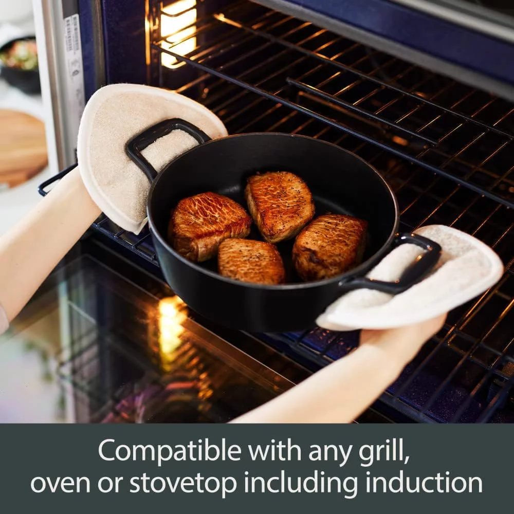 YILAN Cast Iron Enameled Square Grill with Acacia Trivet 11 Inch Induction Oven Broiler Safe 650F Pots and Pans, Cookware Black