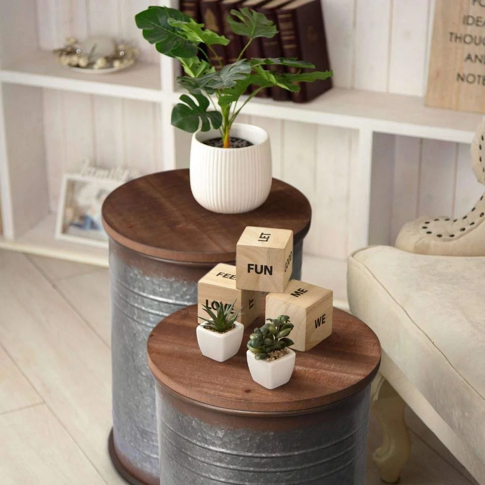 Farmhouse Accent Side Table - Galvanized Rustic End Table. Metal Storage Bin Wood Cover. Coffee or Cocktail Table. Nesting Pieces Two - Rustic
