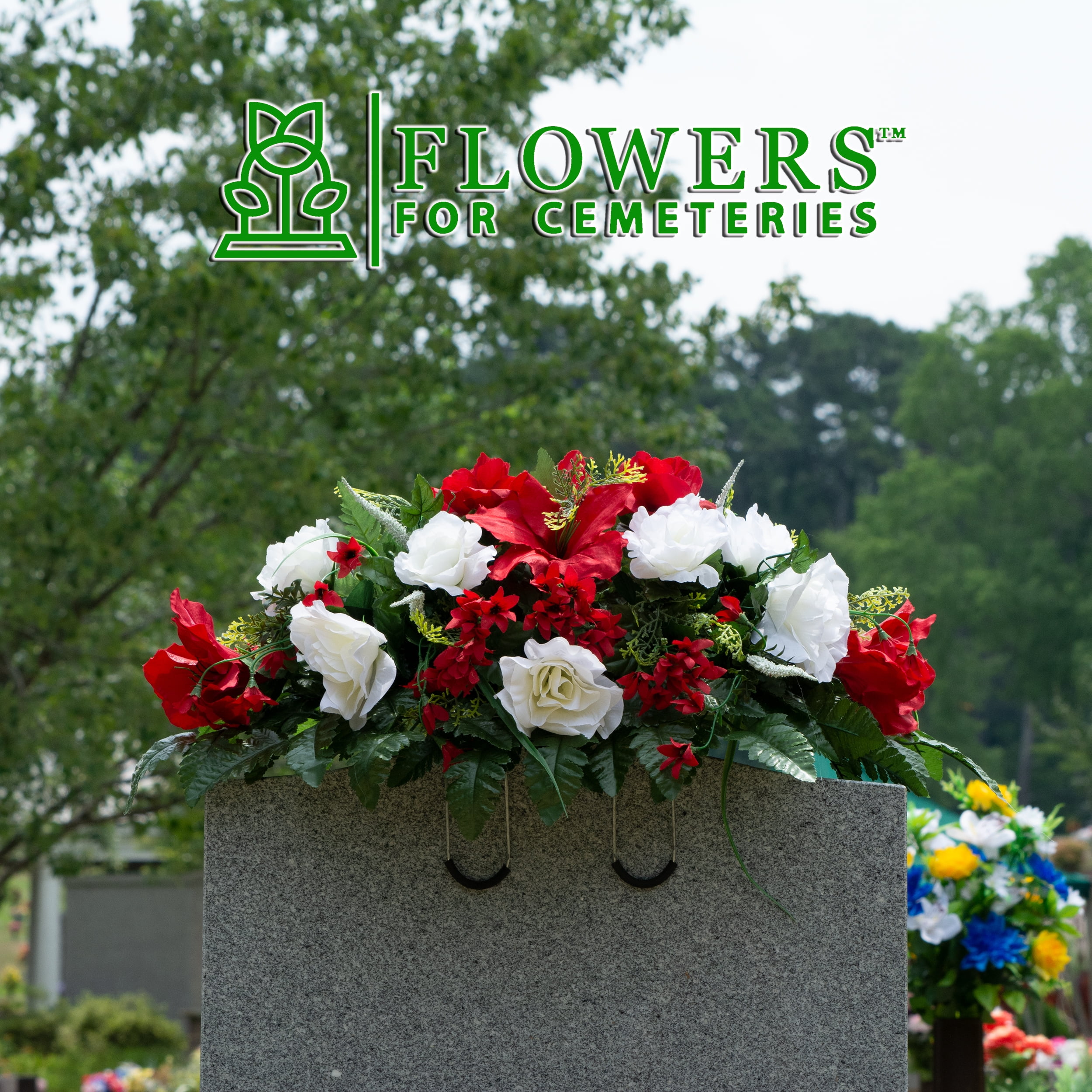 Sympathy Silks Artificial Cemetery Flowers Red Amaryllis White Roses 1 Bouquet & 1 Saddle