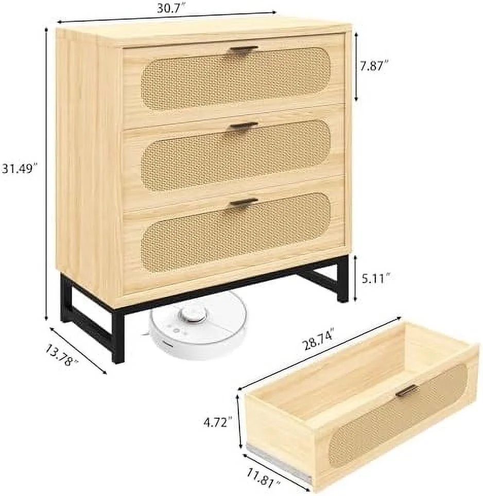 xrboomlife 3 Drawer Dresser for Bedroom  Chest of Drawers  Rattan Dresser Modern Closet Dressers with Golden Handles for Closet Hallway  Entryway  Living Room (Black)