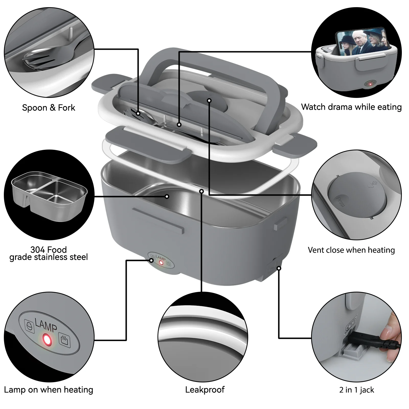 Sitlais Electric Lunch Box Food Heater for Work - 12V/24V/110-220V Food Warmer for Car Truck Outdoor with 2 Packs Stainless Steel Containers Potable Heating lunch Box for Adults Camping(grey)