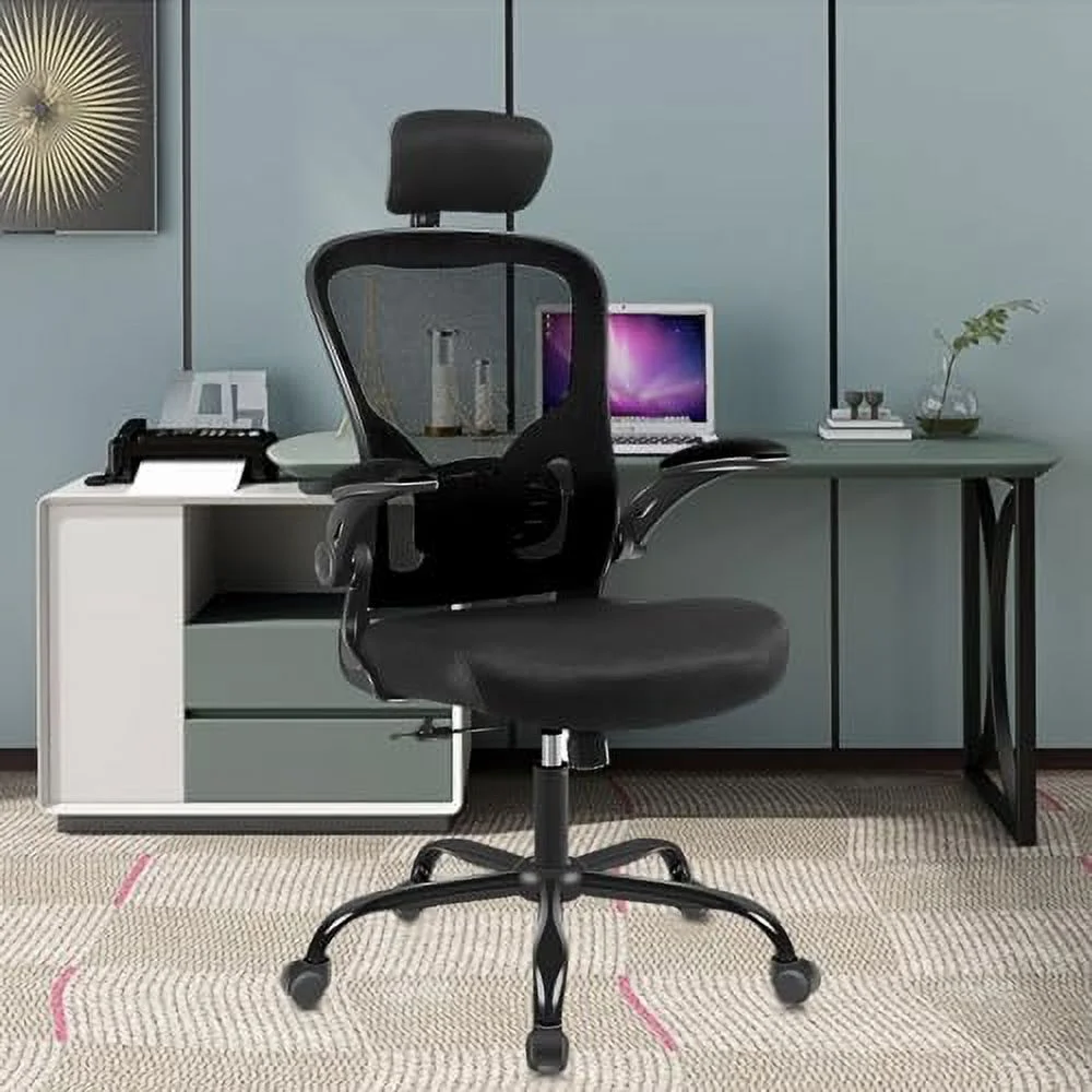 JDZHAPPYLIFE Ergonomic Office Desk Chair Breathable Mesh Swivel Computer Chair  Lumbar Back Support Task Chair  Office Chairs with Lumbar Support Headrest and Flip-up Arms(Black)