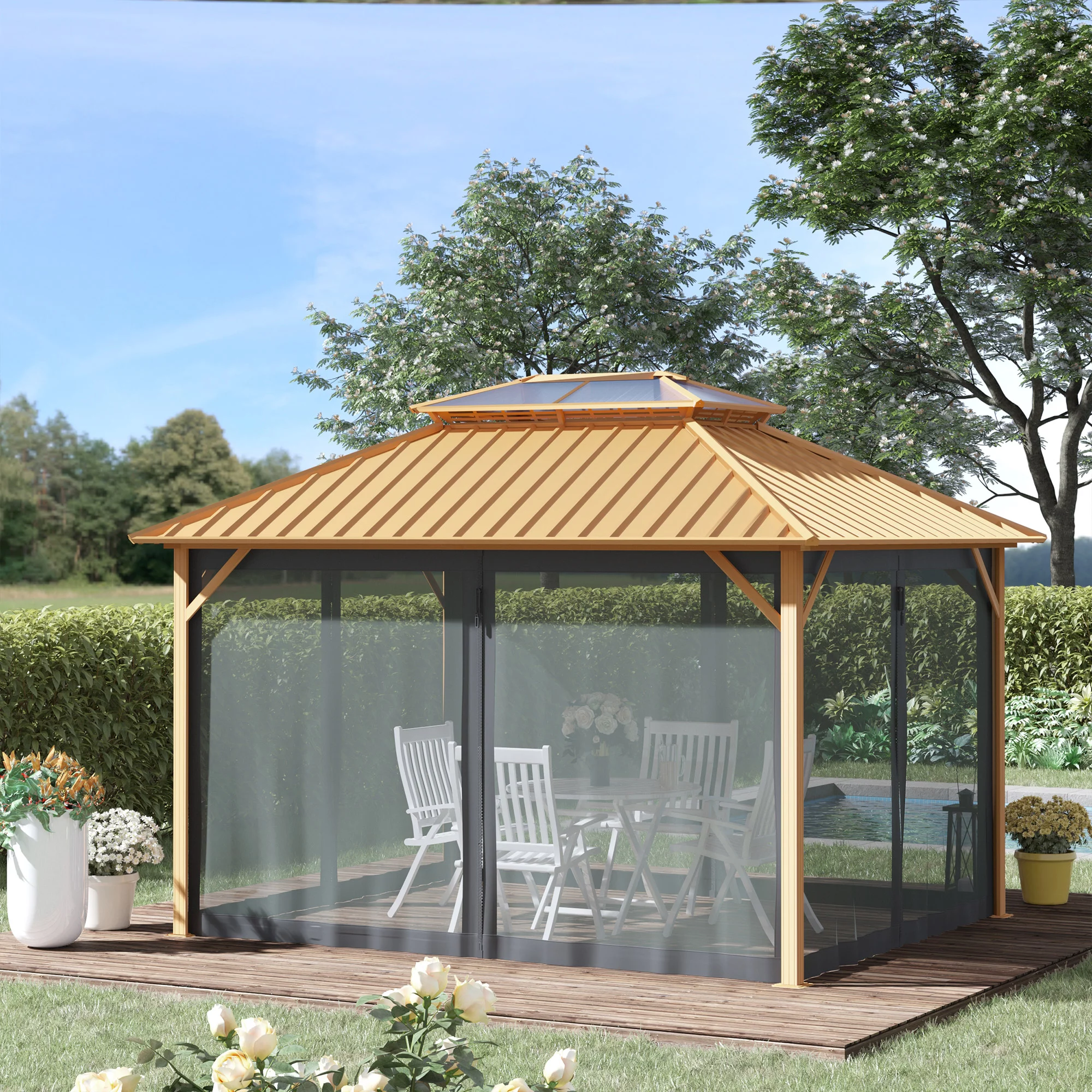 Outsunny 10' x 12' Hardtop Gazebo Canopy with Galvanized Steel Double Roof, Skylight Window, Aluminum Frame, Outdoor Permanent Pavilion with Netting, for Patio, Garden, Backyard, Yellow