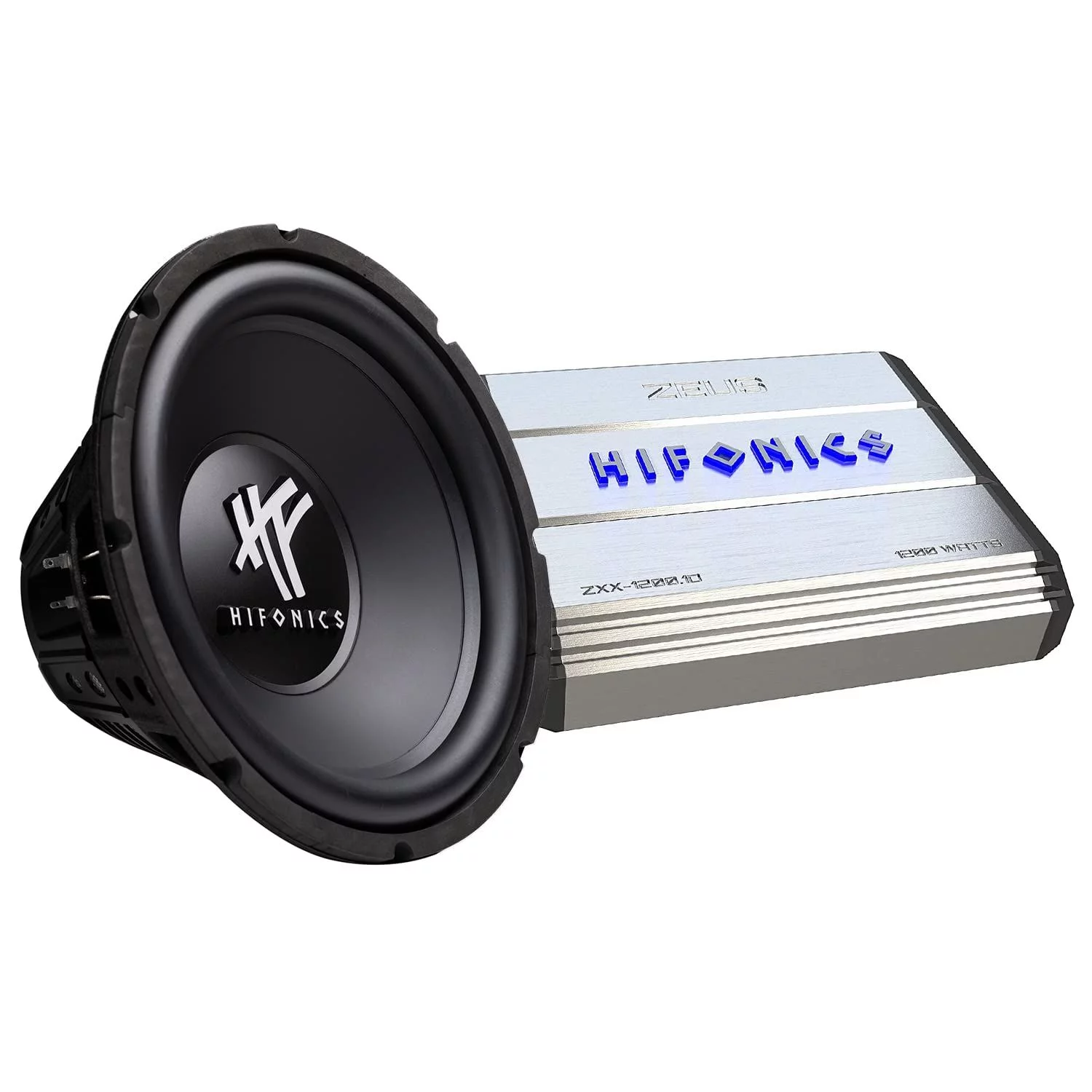 Hifonics Zeus 1200.1D Mono Amplifier with a Hifonics HFX12D4 Subwoofer, Silver Amplifier, Black Subwoofer