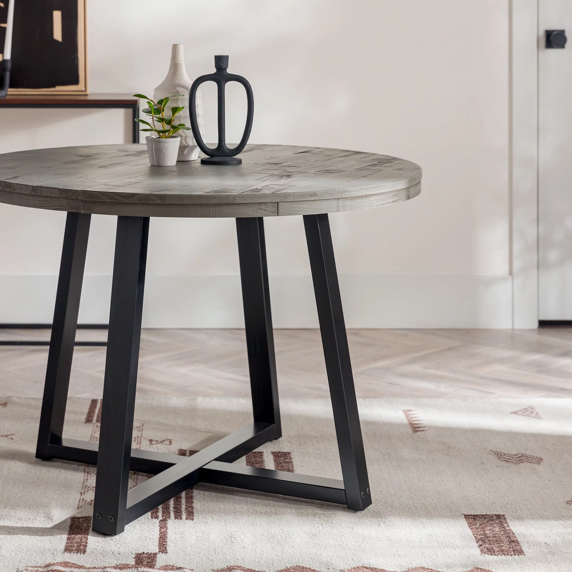 Walker Edison 42” Rustic Distressed Solid Wood Round Dining Table, Grey/Black