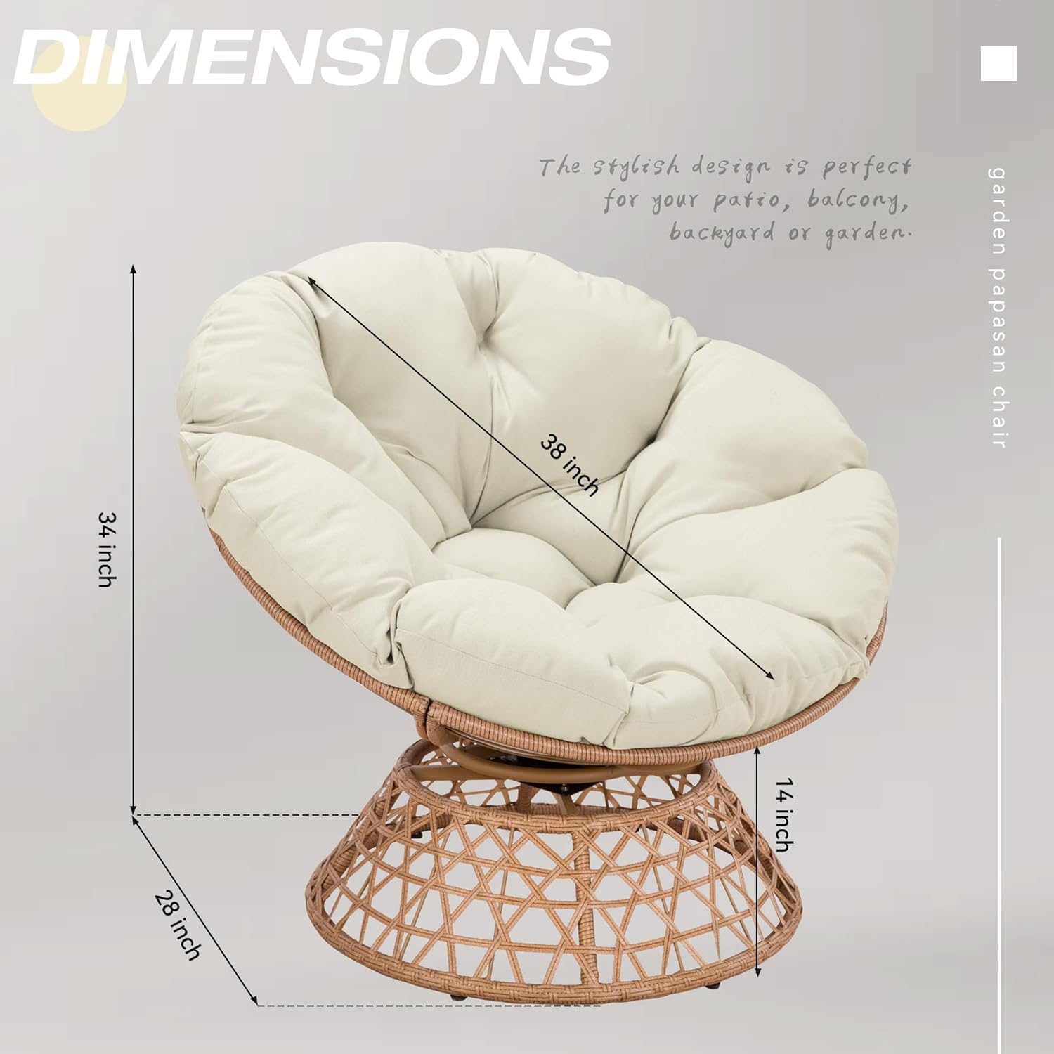 U-ToBe Papasan Chair with Cushion and 360°Swivel Base, 38