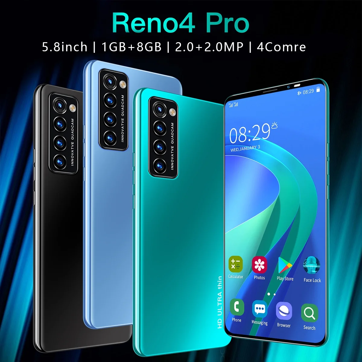 5.8-inch HD+ Ram1Gb+Rom8Gb Reno4 Pro dual SIM 3G smartphone 2200mAh face unlock Android phone Green