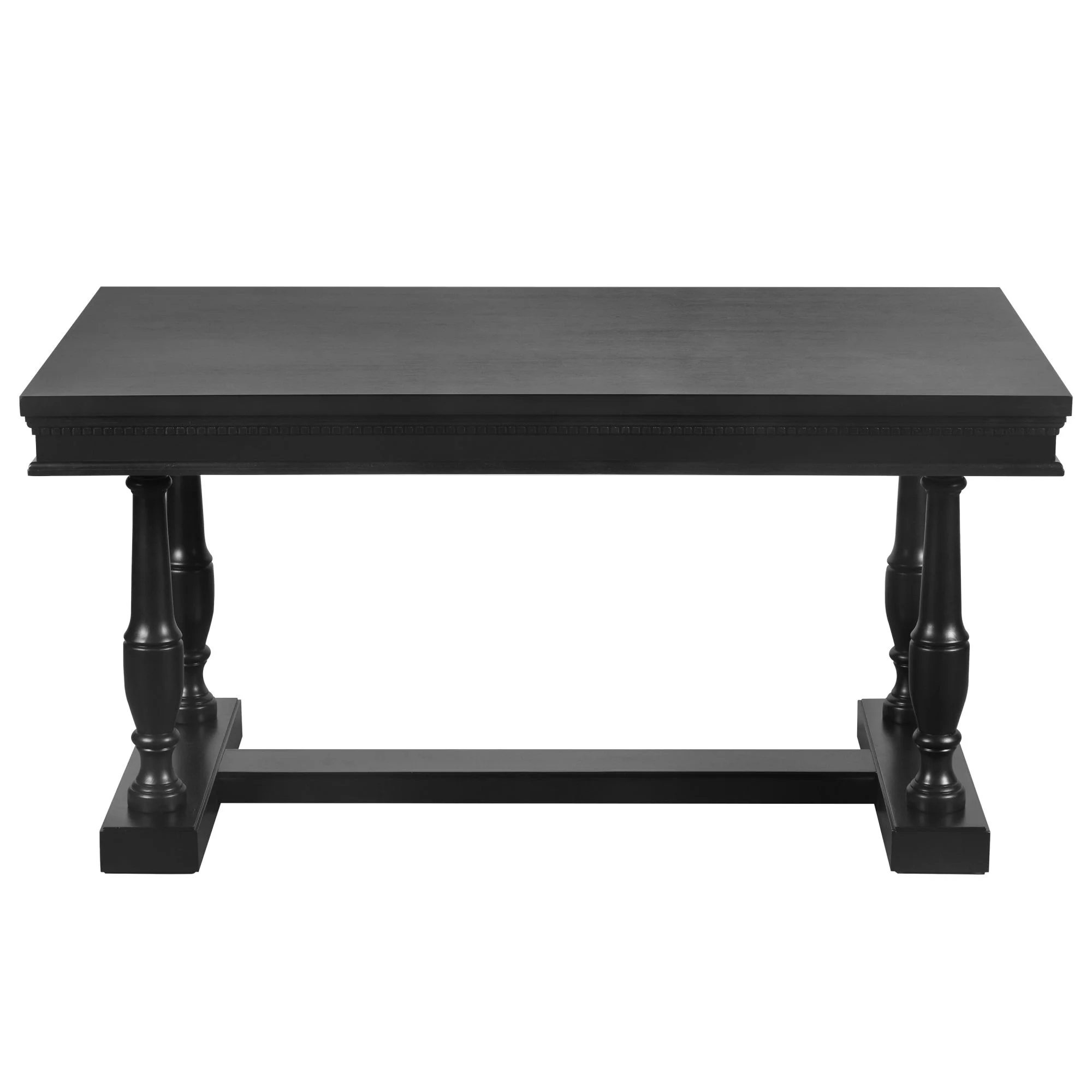 Retro Dining Table Set with 4 Trestle Base and 6 Upholstered Chairs with Slightly Curve and Ergonomic Seat Back, 7 Piece Dining Room Table Set, Wooden Table & Upholstered Chair(Black)